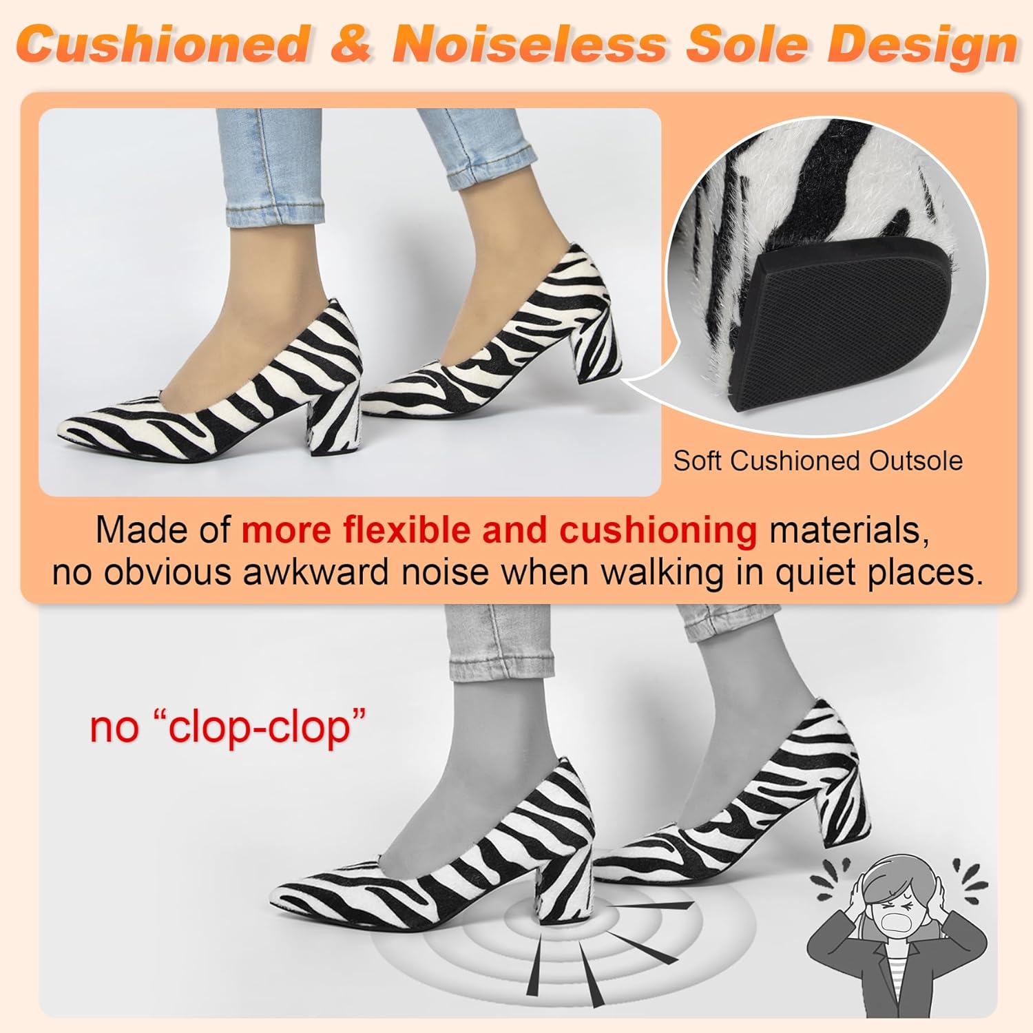 Women's Closed Pointed Toe Work Dress Pumps 2.3 Inch Low Block Patent Leather Office Heels for Women Zebra Pattern Suede Daily Party Comfy Slip On Shoes Noiseless Sole Available