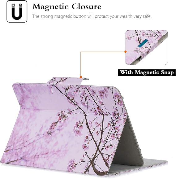 Universal 7 Inch Tablet Case, Techcircle Ultra Slim Lightweight PU Leather Stand Folio Flip Wallet Protective Shell Case [Card Slots] [Magnetic Closure] for All 7 Android Tablet PC, Cherry Blossom