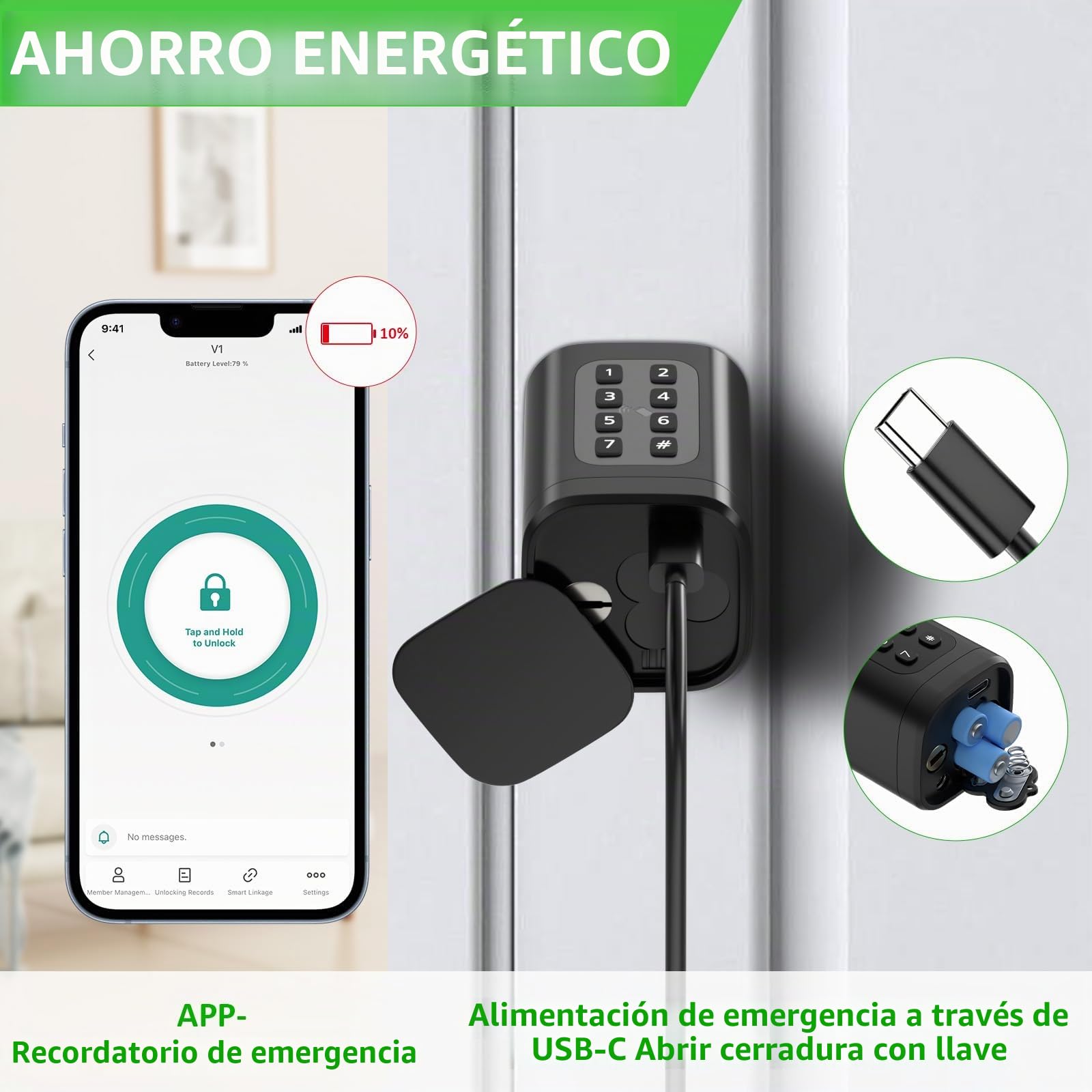 FITNATE Smart Lock - Cerradura electrónica para puerta con huellas dactilares, aplicación Bluetooth, RFID, contraseña y llave, ajustable de 60 a 80 mm para puerta de casa, 5 en 1