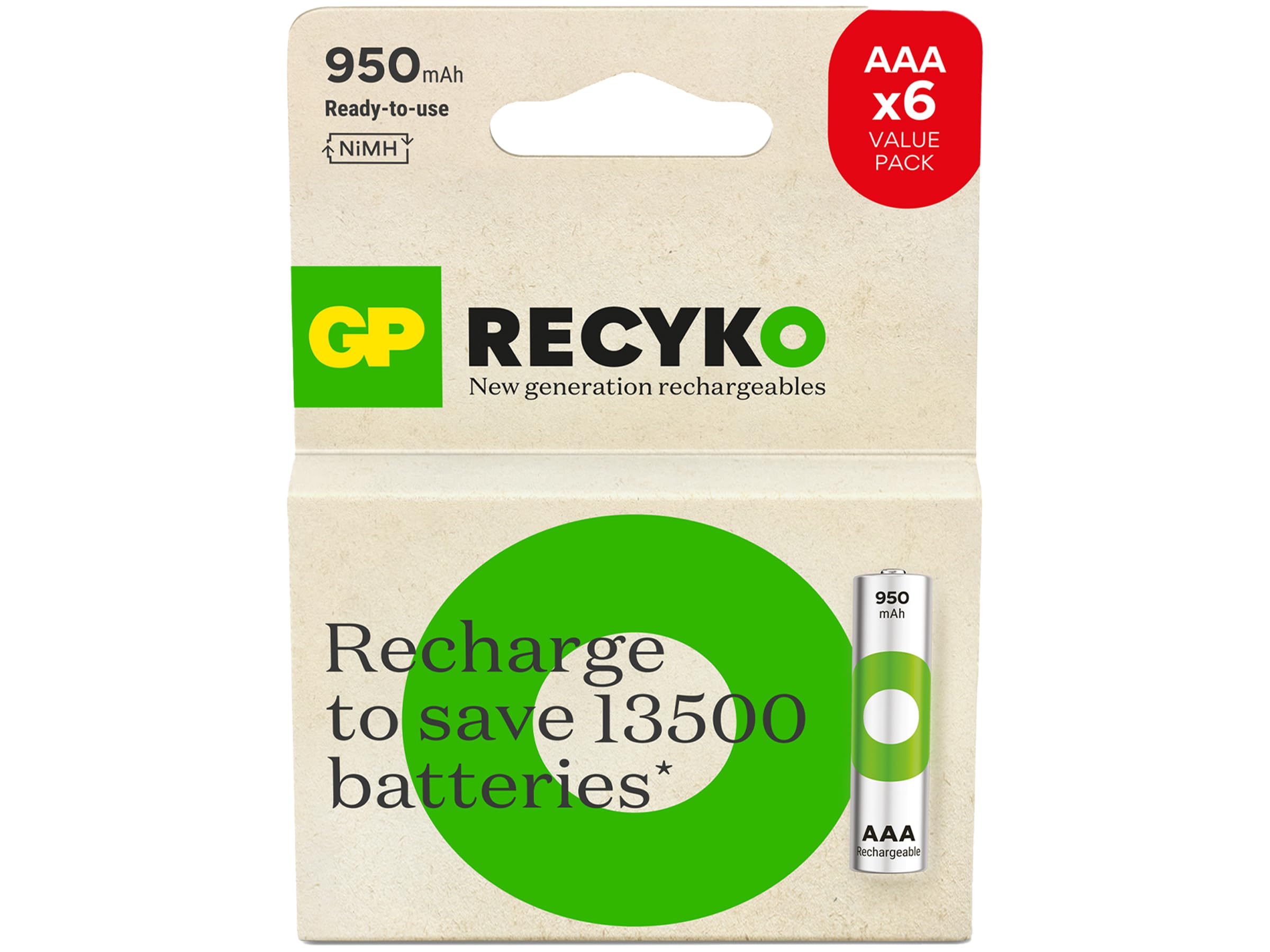 GP Batteries ReCyko 950mAh AAA Slim Pen Ni-Mh Rechargeable Battery, 1.2 Volt, Card 6