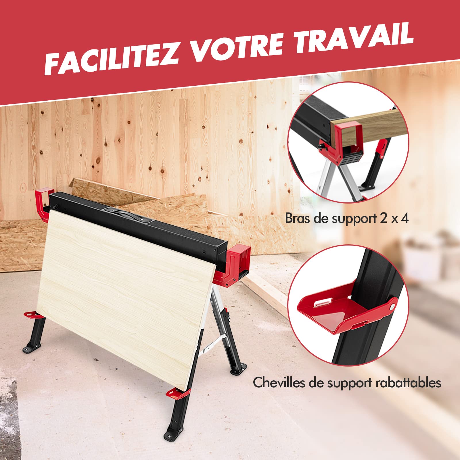 GYMAX Lot de 2 Tréteaux Pliable en Métal, Charge Max 1180kg, Hauteur Réglable 62-83cm, Chevalet de Sciage avec Bras Chevilles de Support de Bois (Rouge)