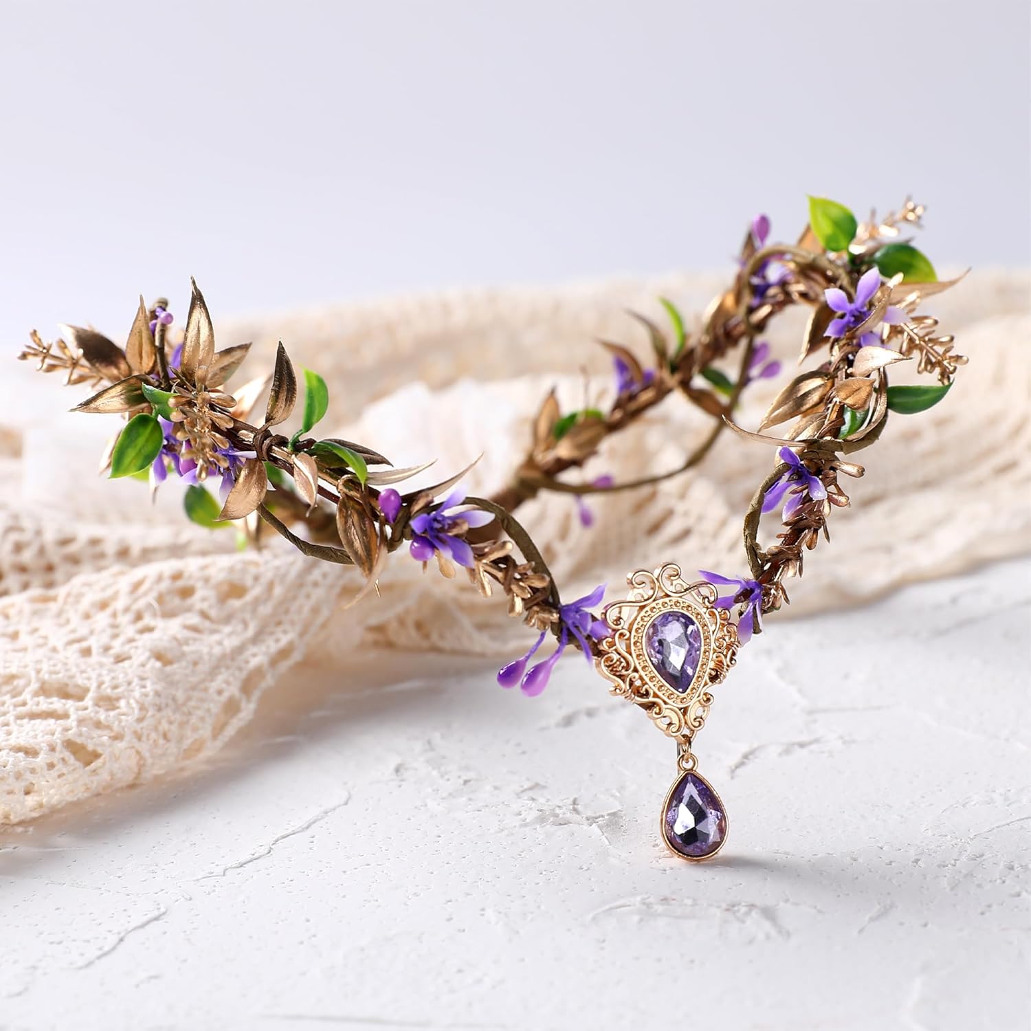MOSTORY Purple Elf Flower Crown - Handmade Woodland Elf Headpiece Forest Fairy Crown Floral Circlet for Women Girls Cosplay Party Renaissance Marid Gras Photo Shoot - Image 5