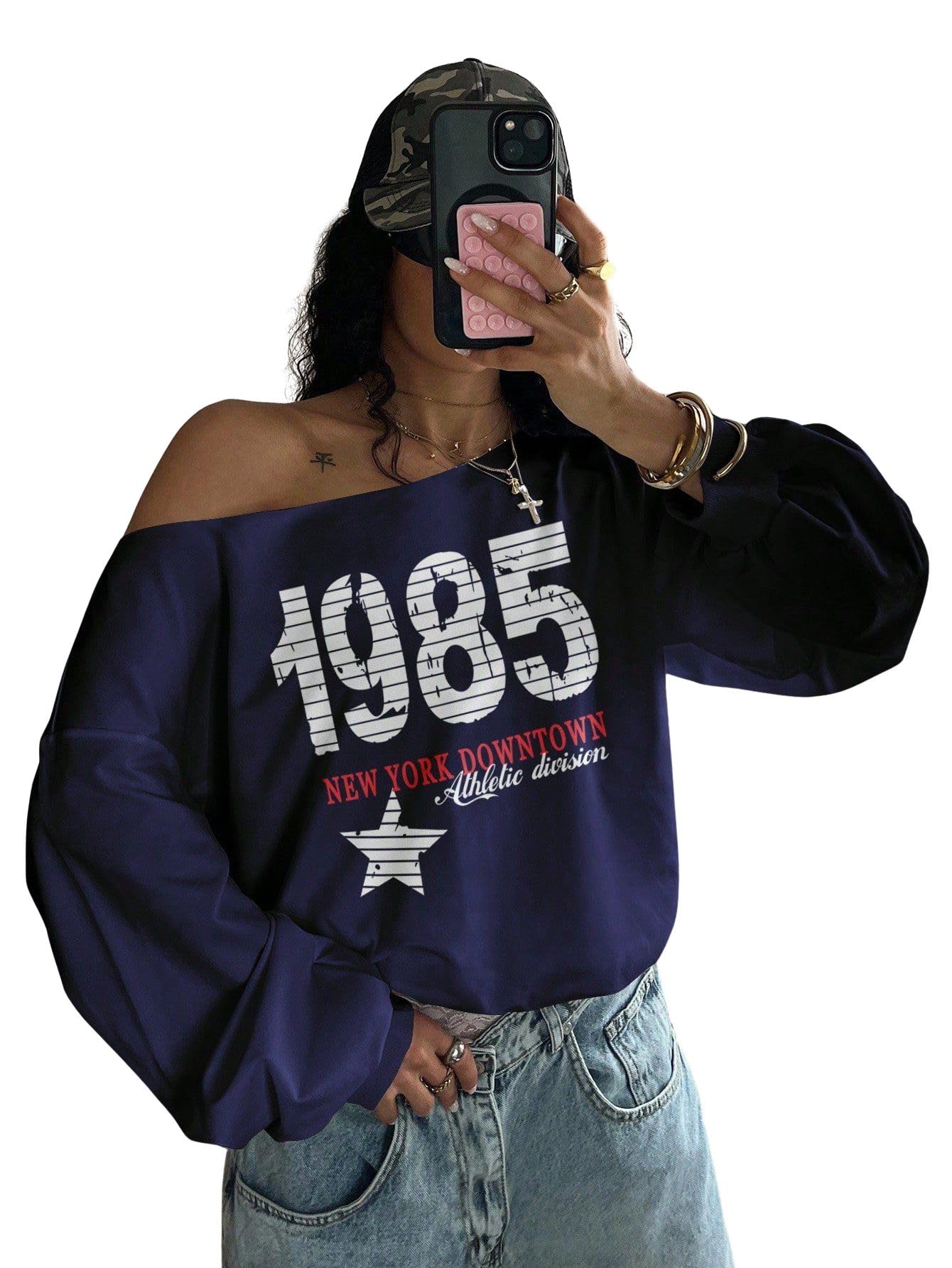 sxv style Women's Retro 1985 Star Print Oblique Shoulder Sweatshirt, Navy Blue-picture-10