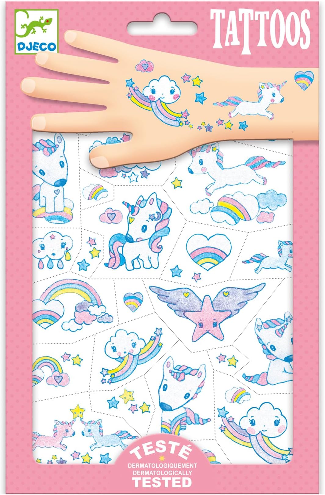 Djeco Unicorns Glitter Temporary Tattoos for Kids Pink Glitter Unicorn Designs Easy Water Transfer Pre Cut Dermatologically Tested Creative Party Activity Craft Gift Set