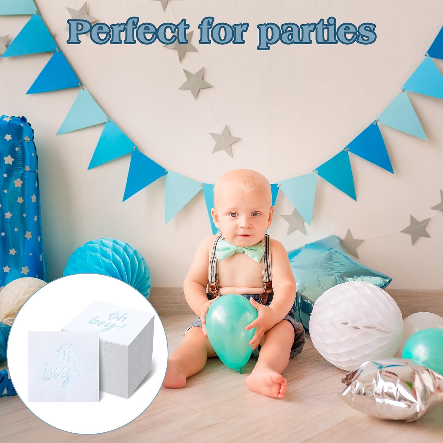 Fuyoooo 100 Pcs Boy Baby Shower Napkins Paper Luncheon Beverage Napkins for Baby Shower Blue Foil Guest Serviette 5 x 5 Inch for Boy Welcome Party Dinner Cocktail Decorations(Blue)