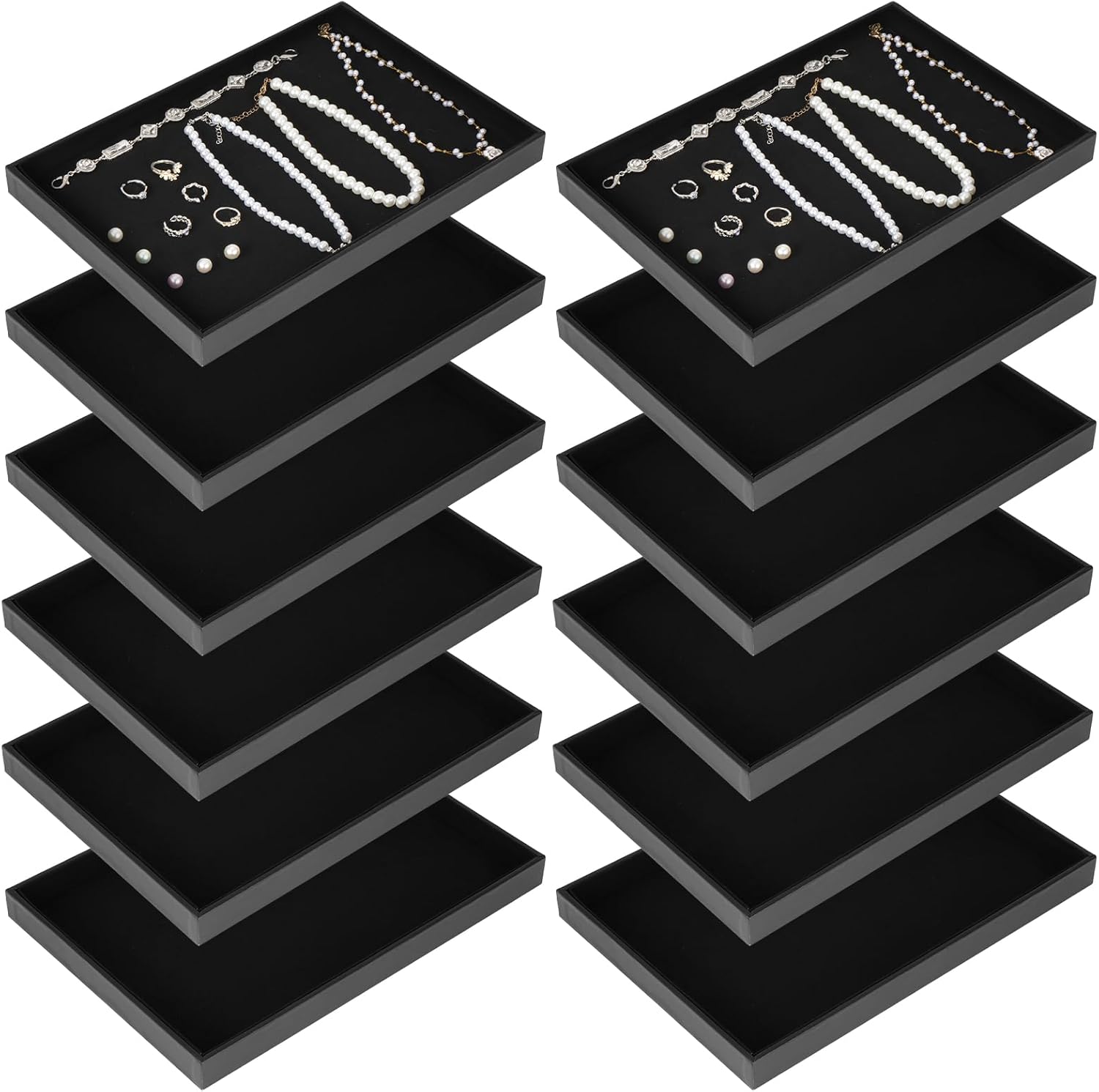 YEXEXINM 12 Pcs Velvet Stackable Jewelry Tray Showcase Display, Jewelry Organizer Trays for Drawers and Countertop, Black Empty Plates for Necklace, Ring, Bracelet, and Earring Storage Display