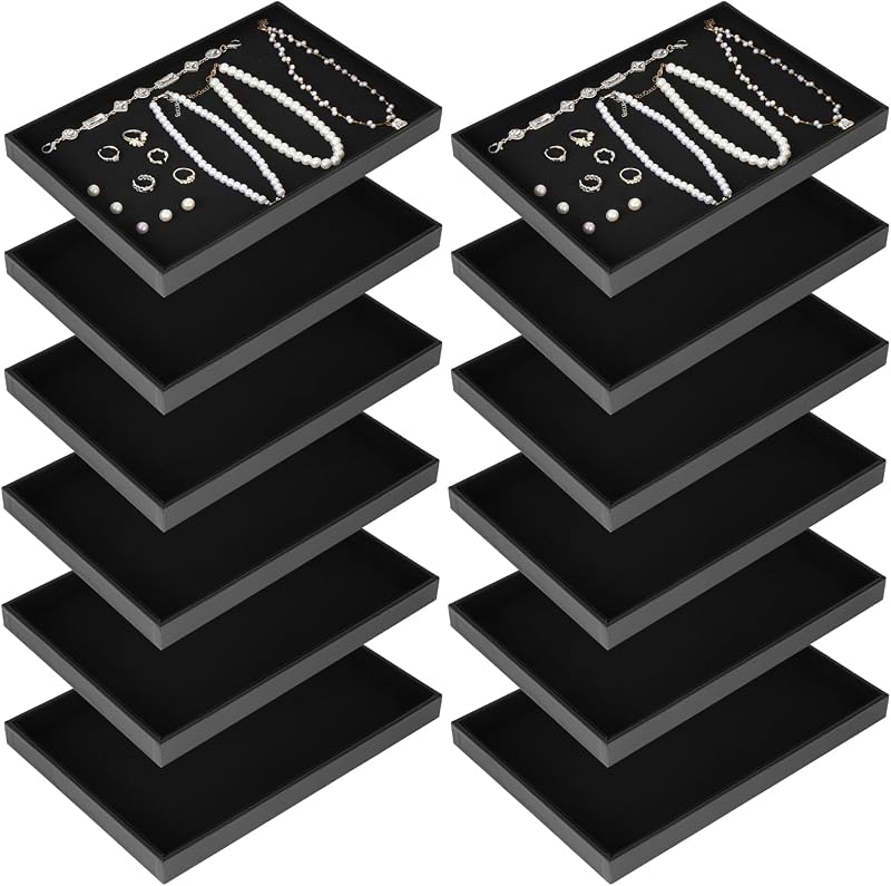 12 Pcs Velvet Stackable Jewelry Tray Showcase Display, Jewelry Organizer Trays for Drawers and Countertop, Black Empty Plates for Necklace, Ring, Bracelet, and Earring Storage Display