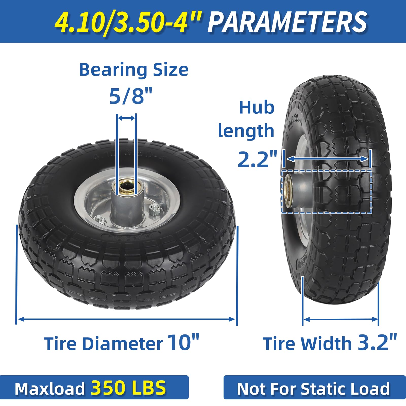 Gicool - 4.10/3.50-4" Puncture Resistant Tire and Wheel, 10" Heavy Duty Solid Tyre, 5/8" Axle Bore 2.2" Offset Hub, for Hand Truck, Garden Cart, Trolley with
