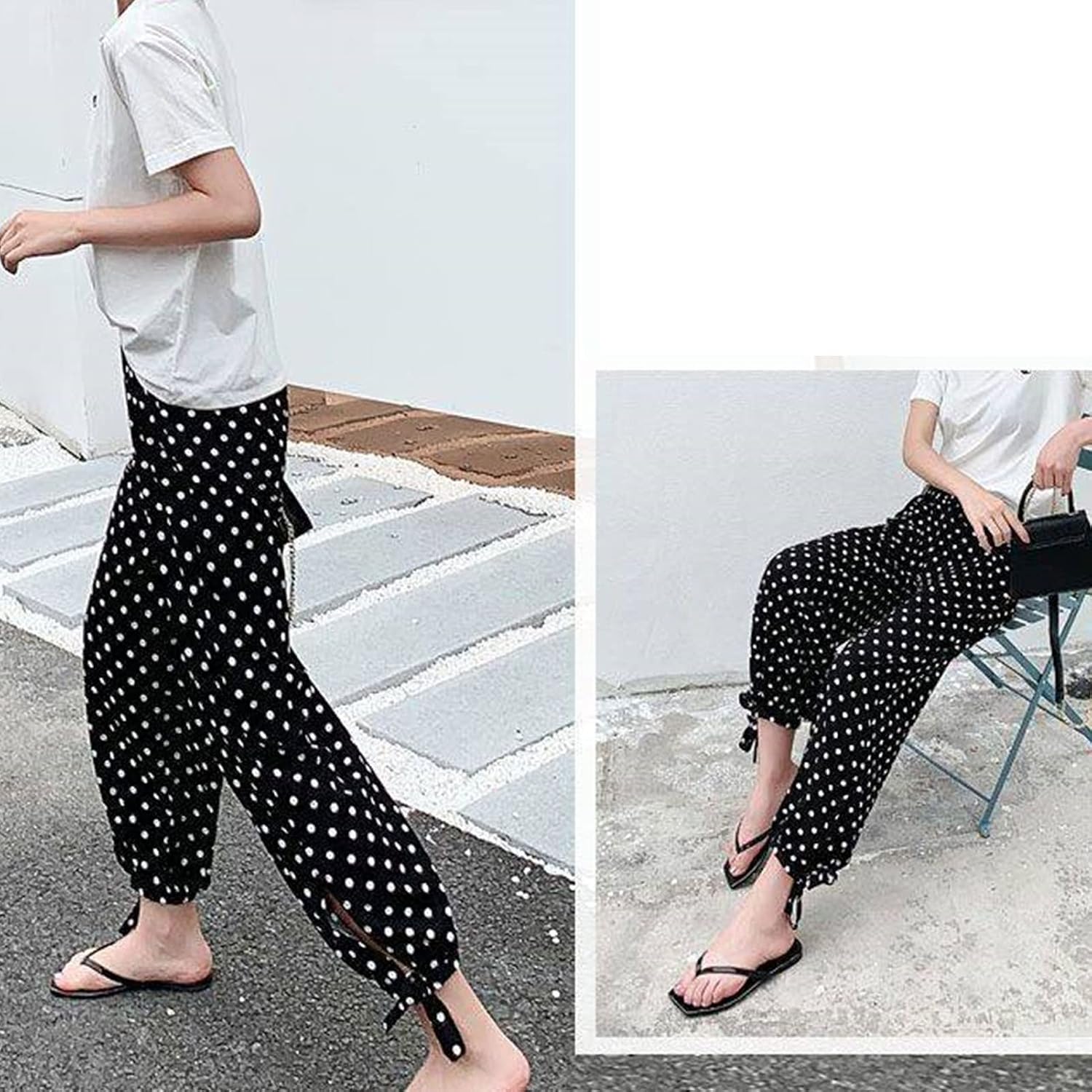 Women's Plaid Polka Dot Loose Casual Pants Workout Sweatpants Elastic Waist Comfy Tie Leg Striped Plaid Long Pants