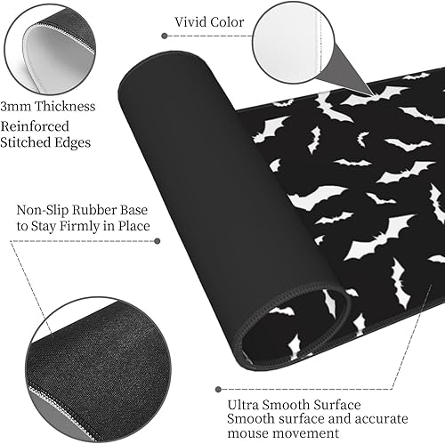 Miniatura 3 de Alfombrilla de mouse para teclado y mouse para juegos de murciélagos negros para Halloween, enorme extendida XL con borde cosido, suela de goma para