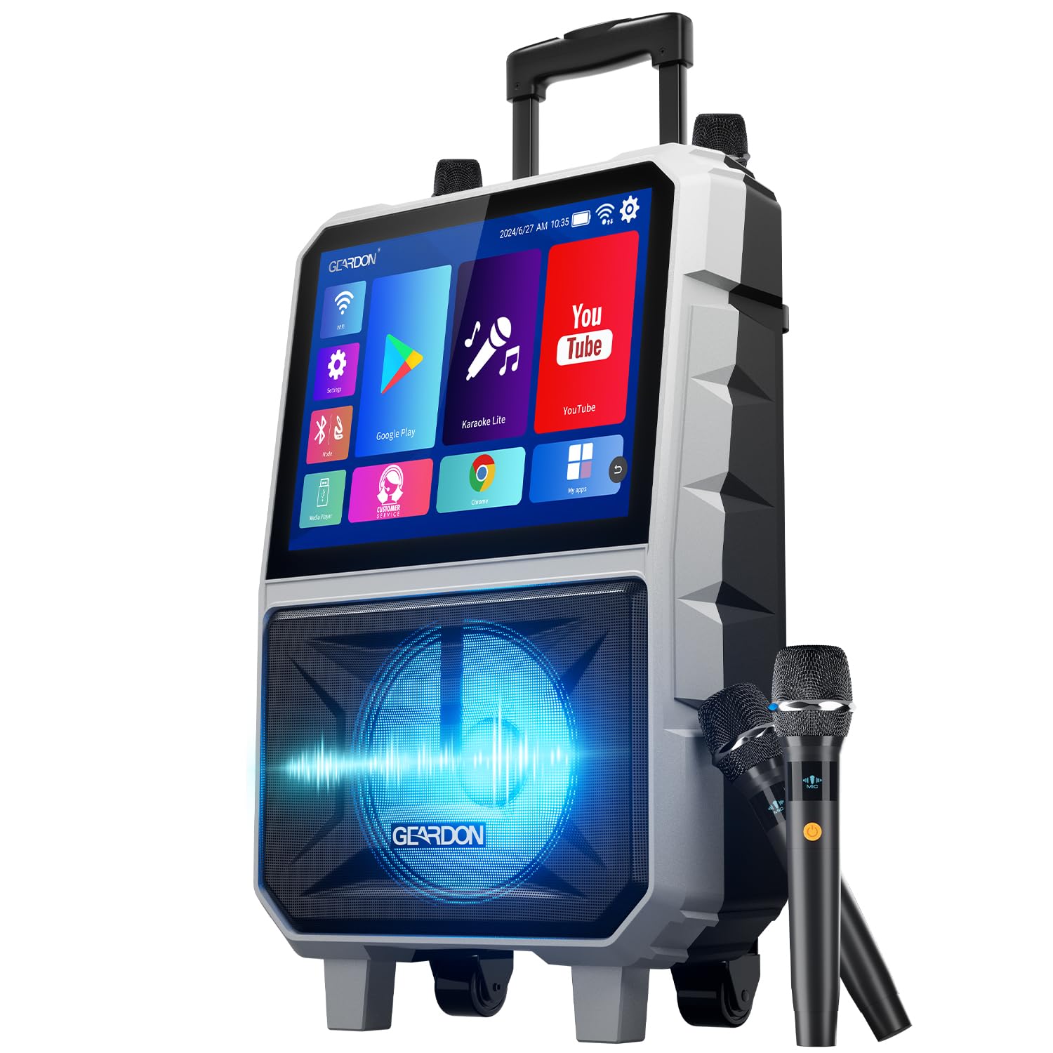 Máquina de karaoke con pantalla táctil Full HD de 15.6 pulgadas para adultos, pantalla de letras, sistema de karaoke inteligente, reproducción de video WiFi YouTube, 2 micrófonos inalámbricos