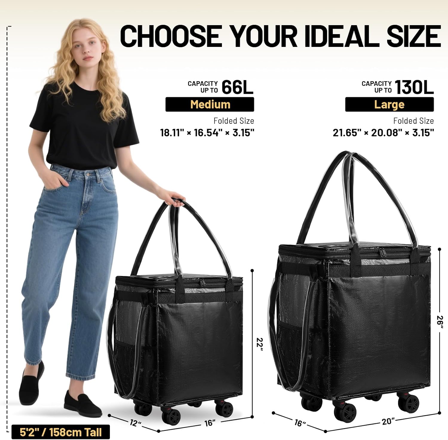 (Medium) Fanwoli Reusable Grocery Bag on Wheels with Upgraded Wrinkle-Resistant Fabric | Enhanced Stability Wheels & Extended Handle | Foldable Shopping Trolley for Laundry, Carries Up to 66 L - Image 3