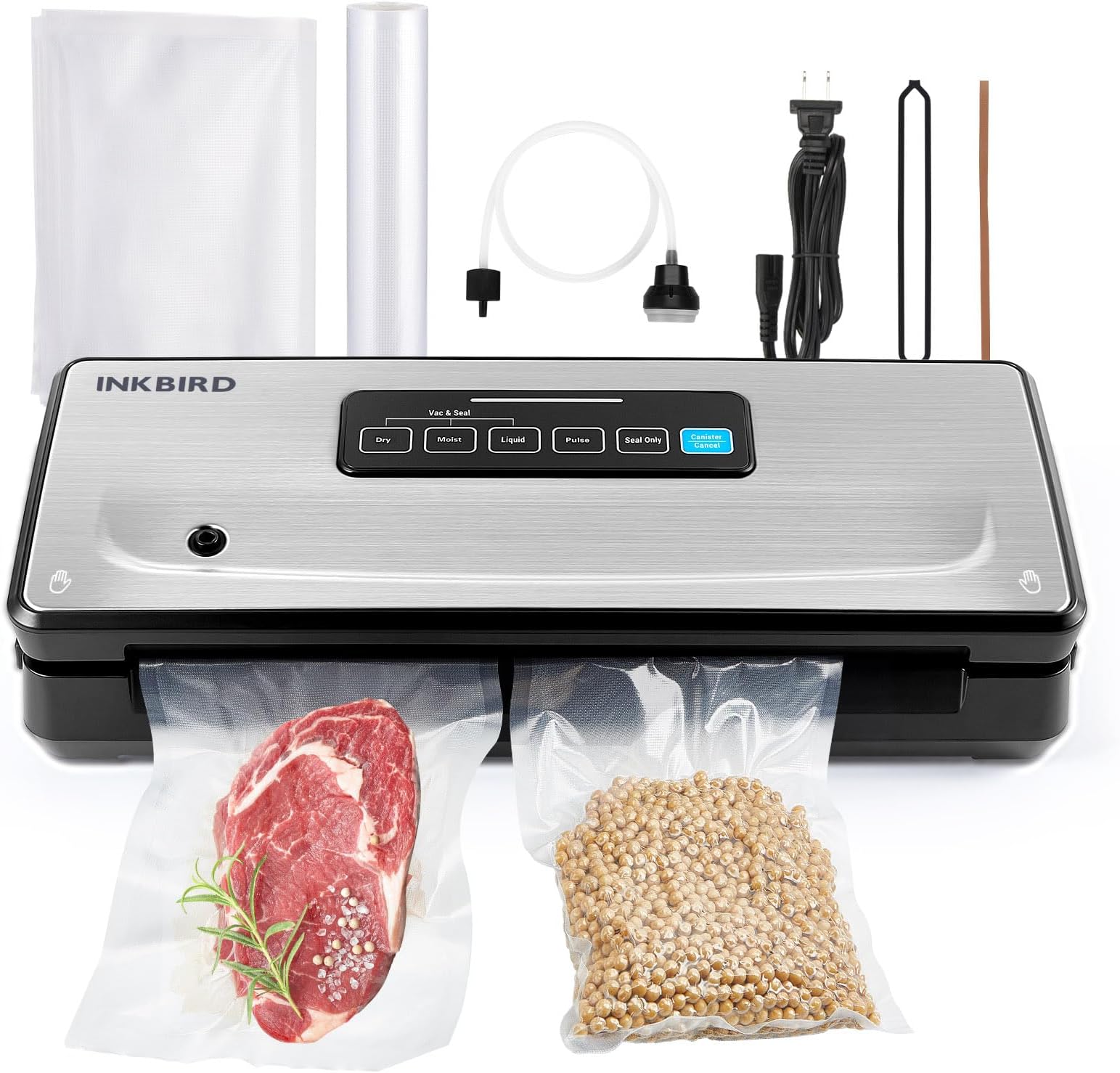 Food Vacuum Sealer Machine 10-In-1 with Bag Storage(Up to 20FT) and Cutter, INKBIRD Food Sealer Vacuum Sealer for Food with Moist/Dry/Canister 5 Food Modes, Starter Kits Bags*5 and Bag Roll*1, 85KPa