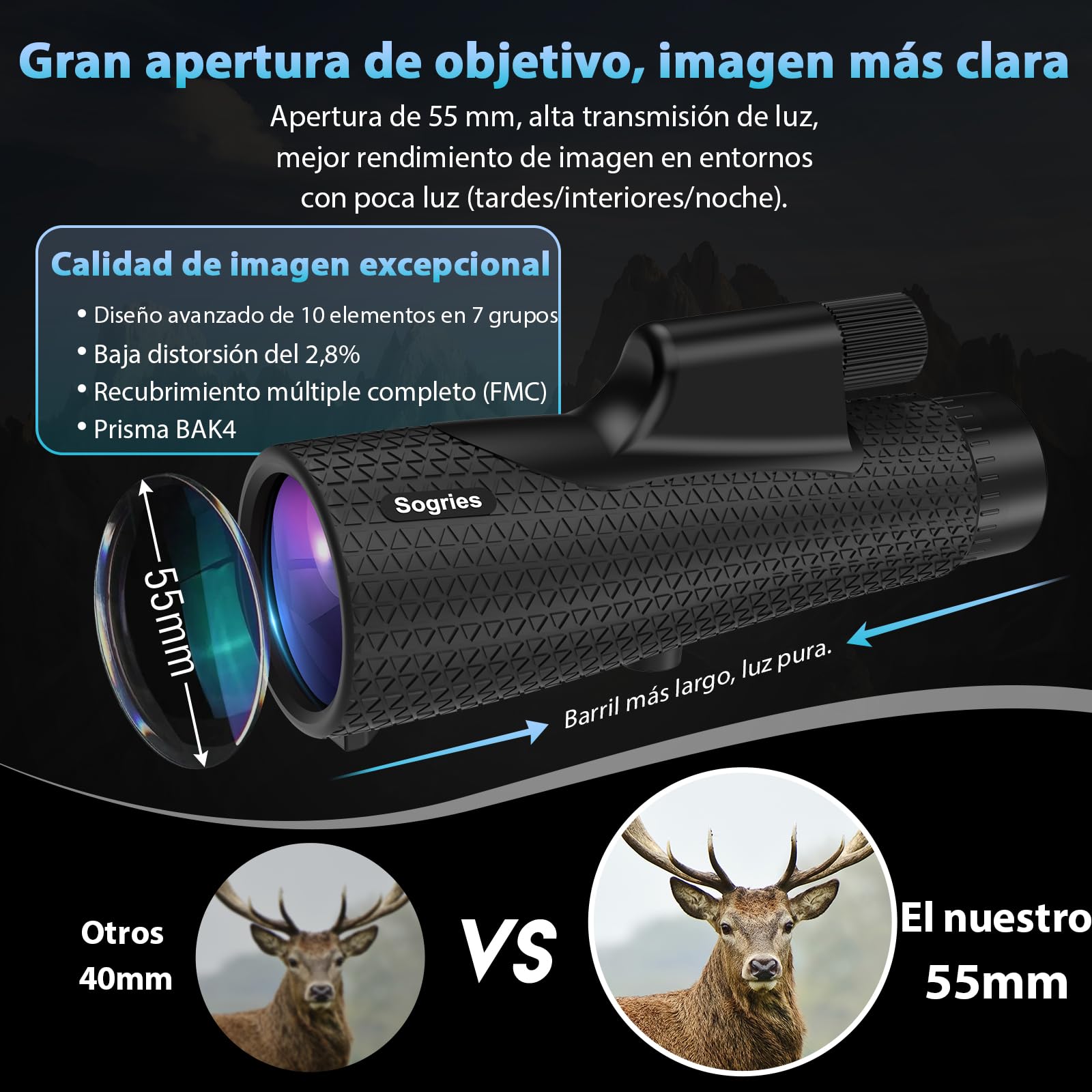 Sogries Monocular 15x55 Largo Alcance con Trípode y Adaptador Móvil