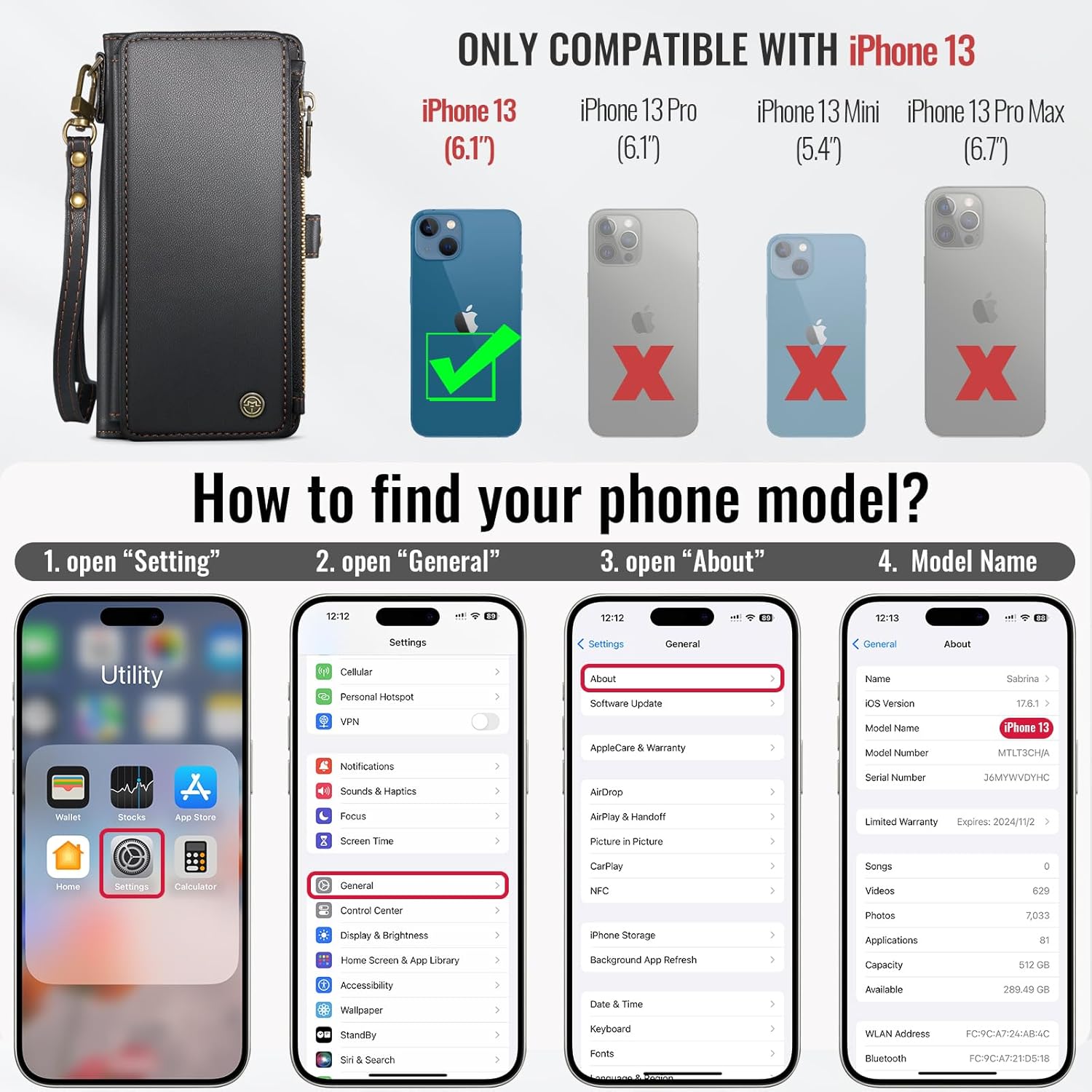 Defencase Compatible with iPhone 13 Case Wallet with RFID Blocking Card Holder for Women and Men, Fashion PU Leather Magnetic Snap Flip Zipper Strap Wallet Phone Case Fit for iPhone 13 6.1", Black - Image 2