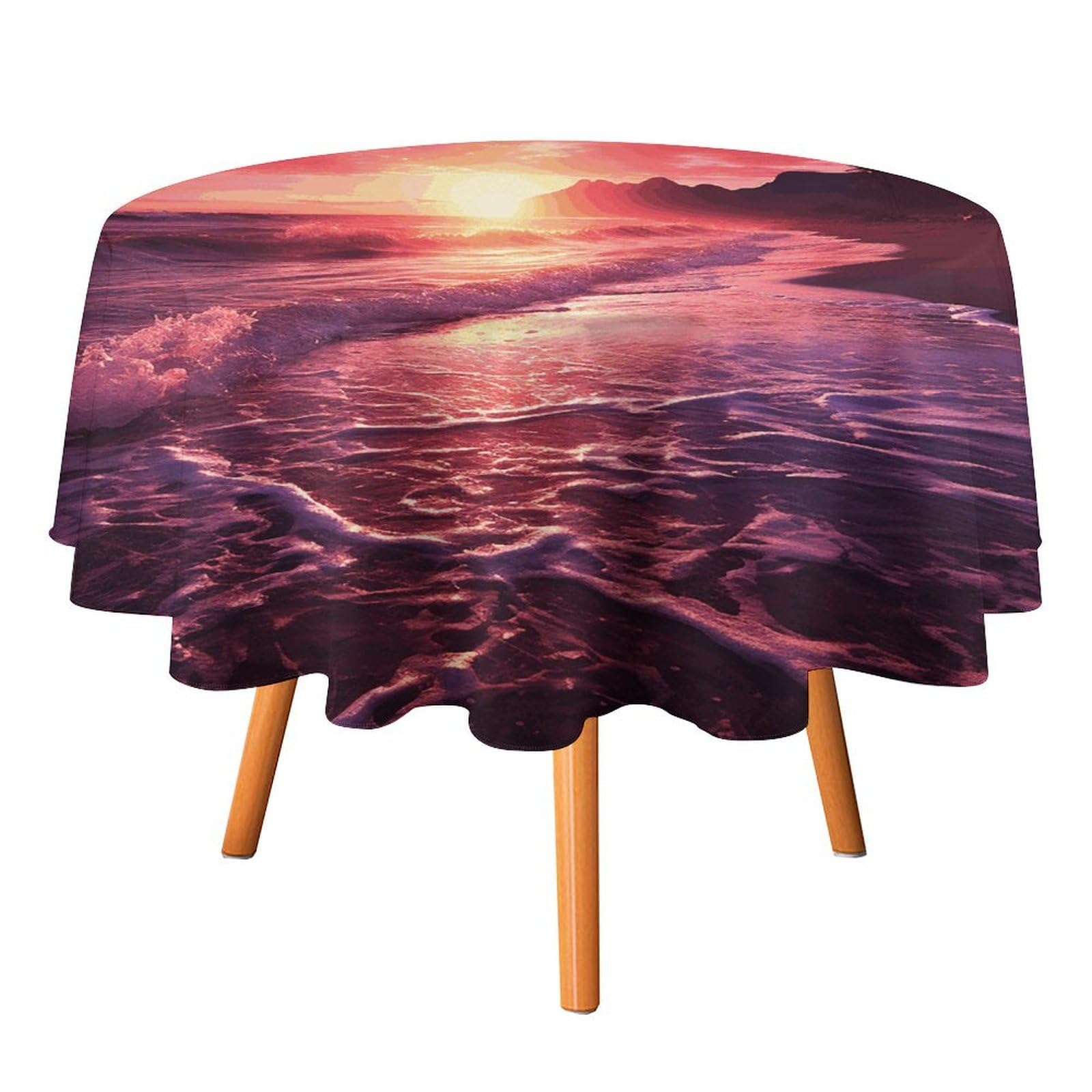 SMAZDFXX Beach Sunset Tablecloth for Restaurant, Round Polyester Table Cover 60x60in for Party