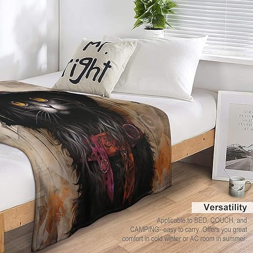 Miniatura 5 de Manta de gato negro con sombrero de bruja suave y cálida, manta vintage de franela de Halloween para sofá, cama, sofá para adultos, 40 x 50