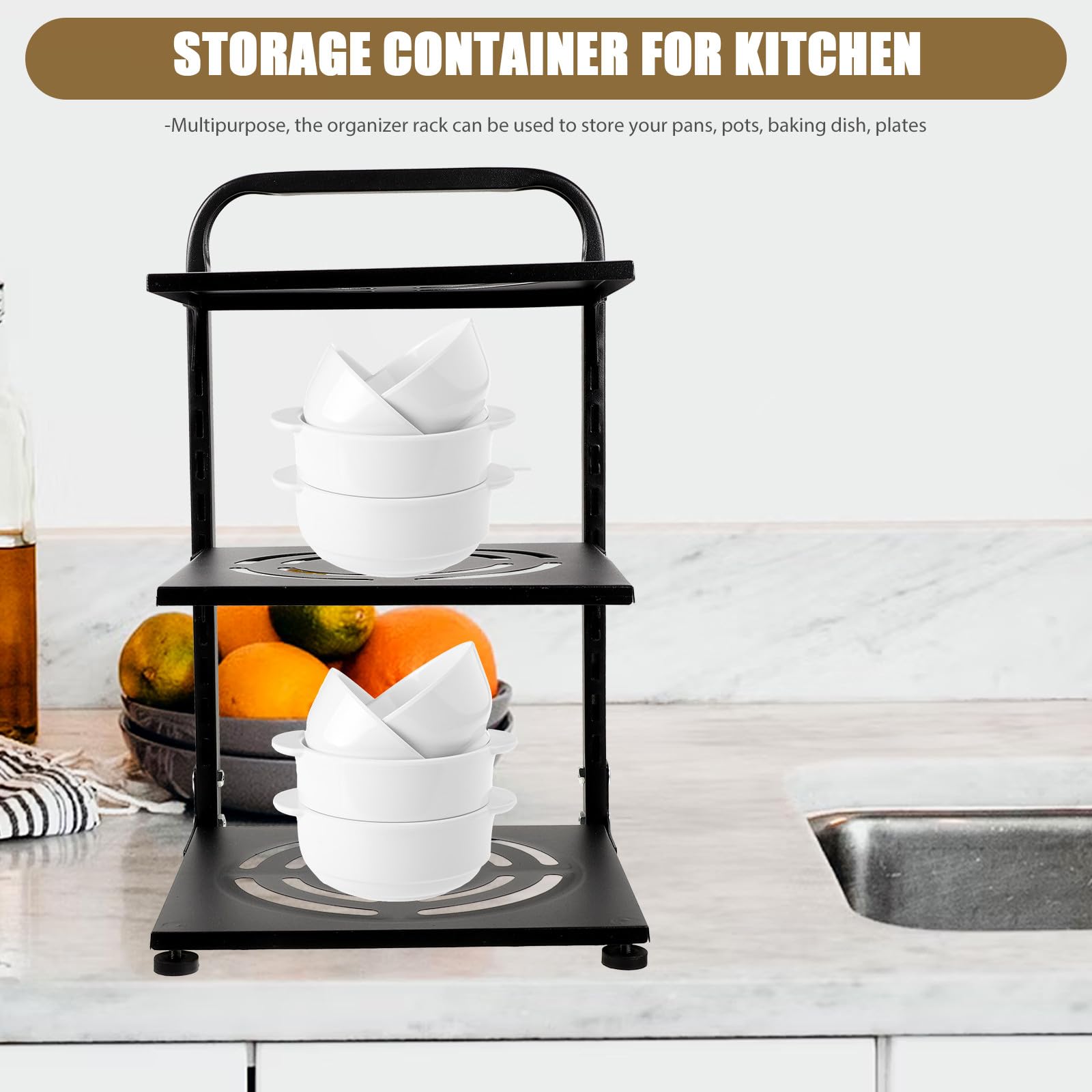 Estante Organizador de Ollas y Sartenes de 3 Niveles Ajustable en Acero al Carbono Negro, Soporte para Botellas y Especias, Adecuado para Armarios y Encimeras de Cocina