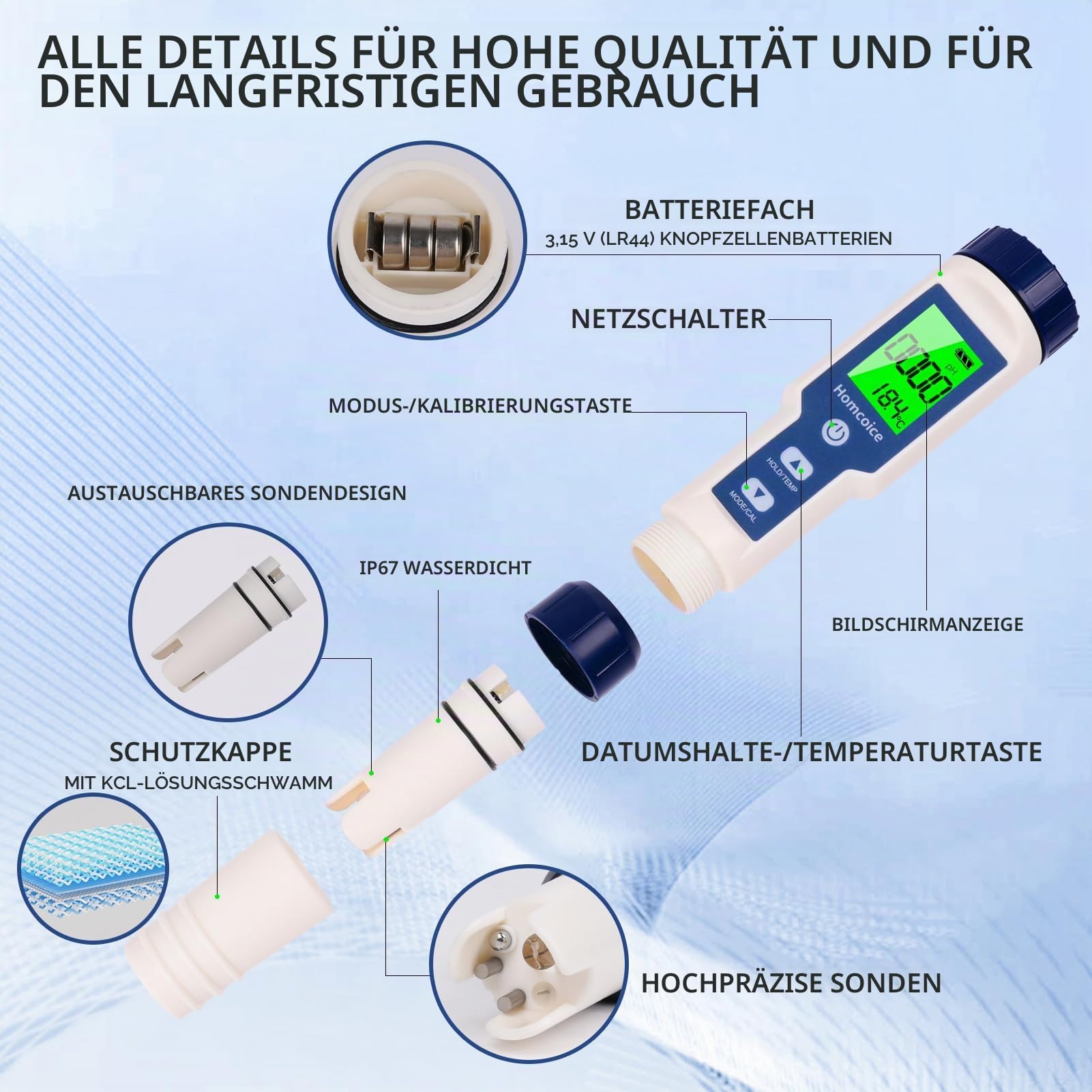 PH Messgerät 7 IN 1 mit TDS EC Salinity S.G ORP Temperatur, professionelles pH Tester Salzgehaltsmessgerät IP67 wasserdicht, 0.01 hochpräziser digitales Pool pH Meter mit ATC-Funktion