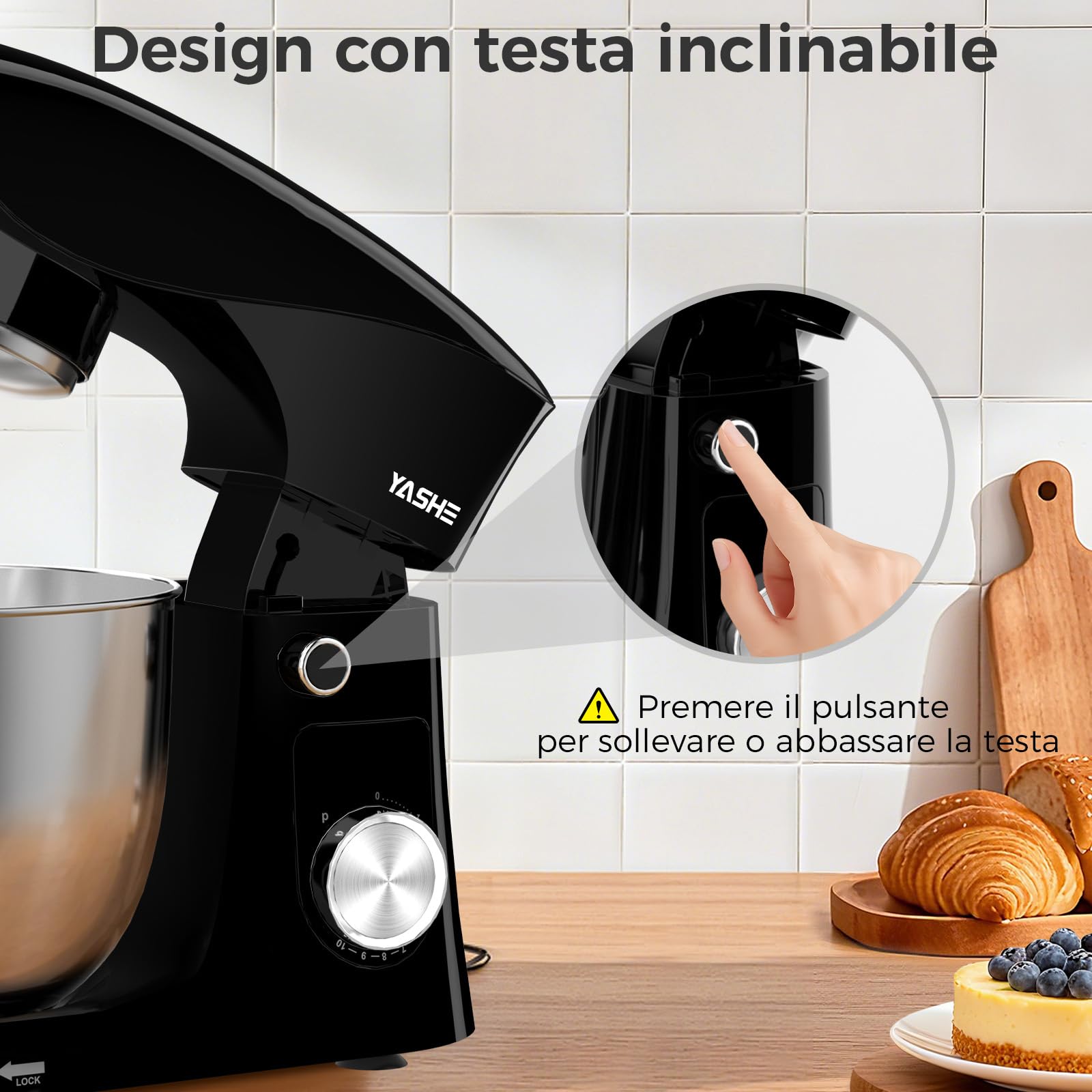 YASHE Impastatrice Planetaria 1500W, 2 Ciotole in Acciaio Inox 4,5L + 5L, 10+P Velocità, Testa Inclinabile, con Gancio Impastatore, Frusta e Sbattitore