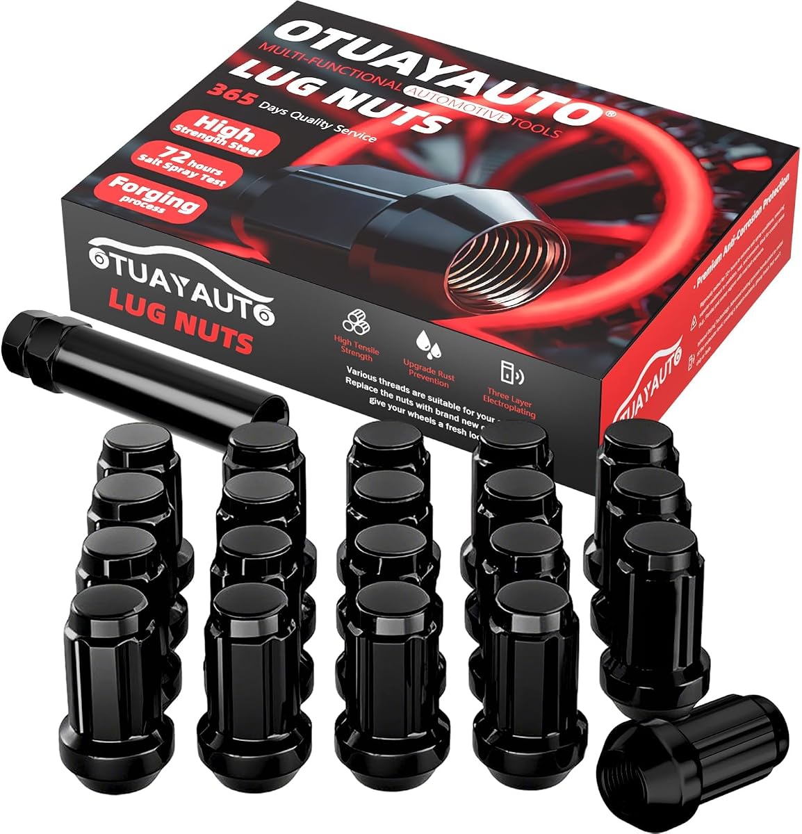 M12x1.5 Lug Nuts - 20PCS Black Spline Lug Nut with Socket Key | Cone Seat, 17mm Hex, Replacement for Honda Accord, CRV, Civic, Pilot, Chevy Impala, Malibu, Acura Aftermarket Wheels