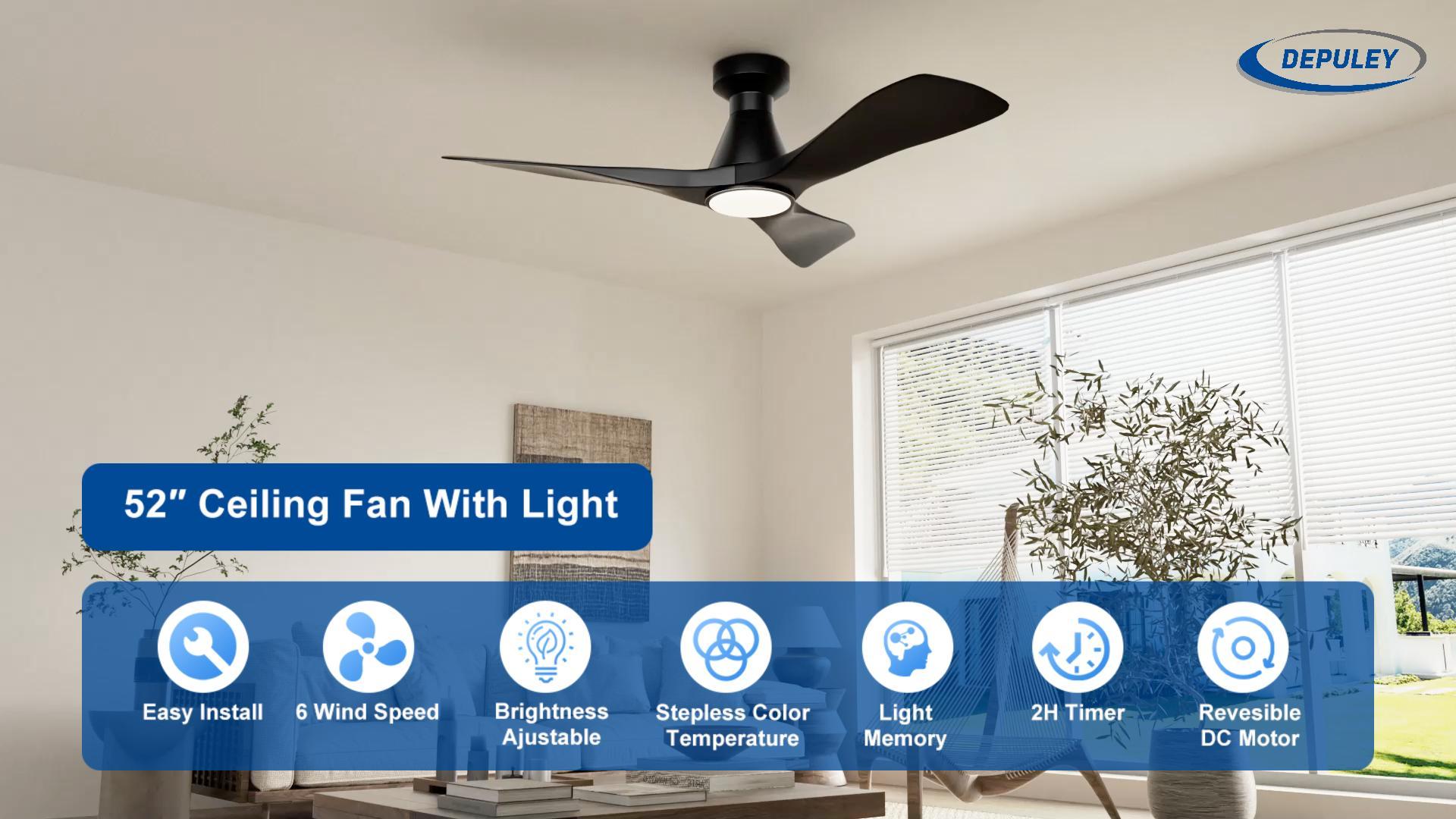 Depuley 42-Inch Ceiling Fans with Lights: Black 3 Blade Flush Mount Low Profile Ceiling Fan for Bedroom - Dimmable Indoor Outdoor Fan with Remote Control Ultra Quiet DC Motor Timer