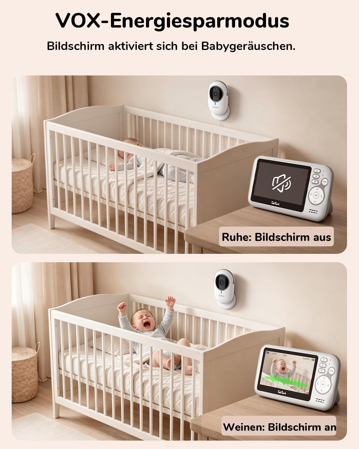 TakTark Babyphone mit Kamera, 4.3'' Babyphone Video Baby Monitor, Babyfon mit Kamera und Audio mit VOX, Gegensprechfunktion, Nachtsicht, Digitalzoom, Temperaturüberwachung und Keine störenden Lichter