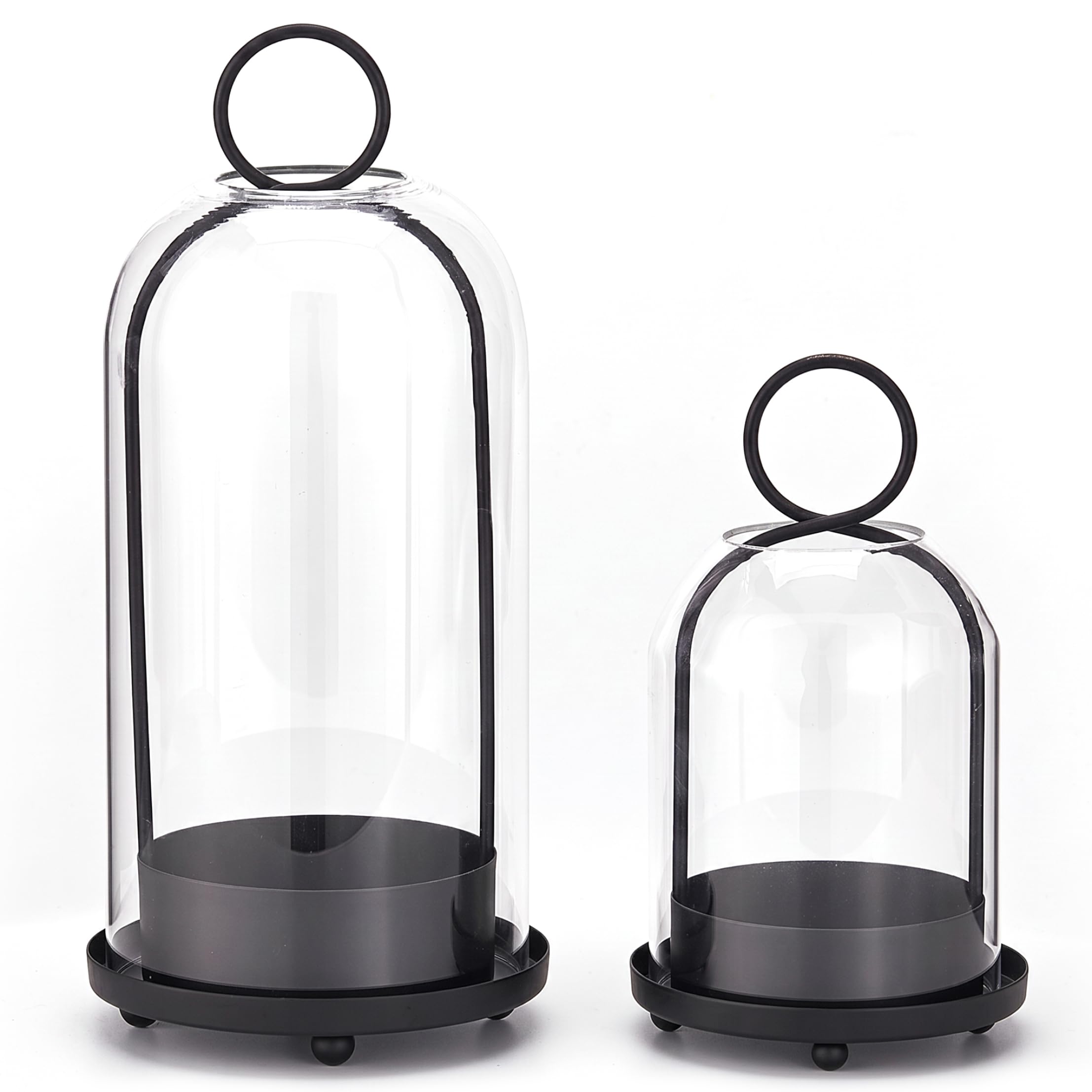 Juego de 2 portavelas de Cristal Hurricane para Velas de Pilar, de Mesa o Colgantes, Metal Negro y Cristal Transparente