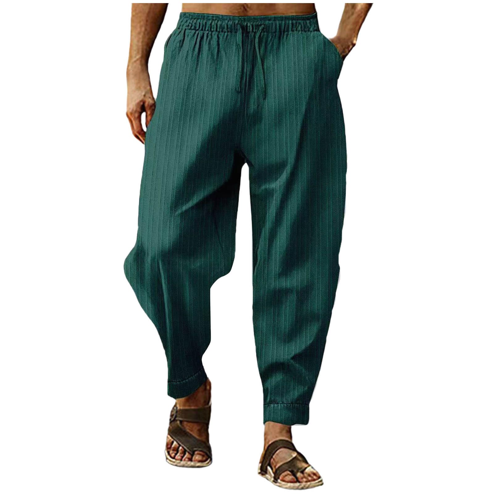 Xiaojmake Mens Cotton Linen Pants Striped Textured Harem Pants Casual Gauze Pants Lightweight Loose Beach Summer Fall Joggers