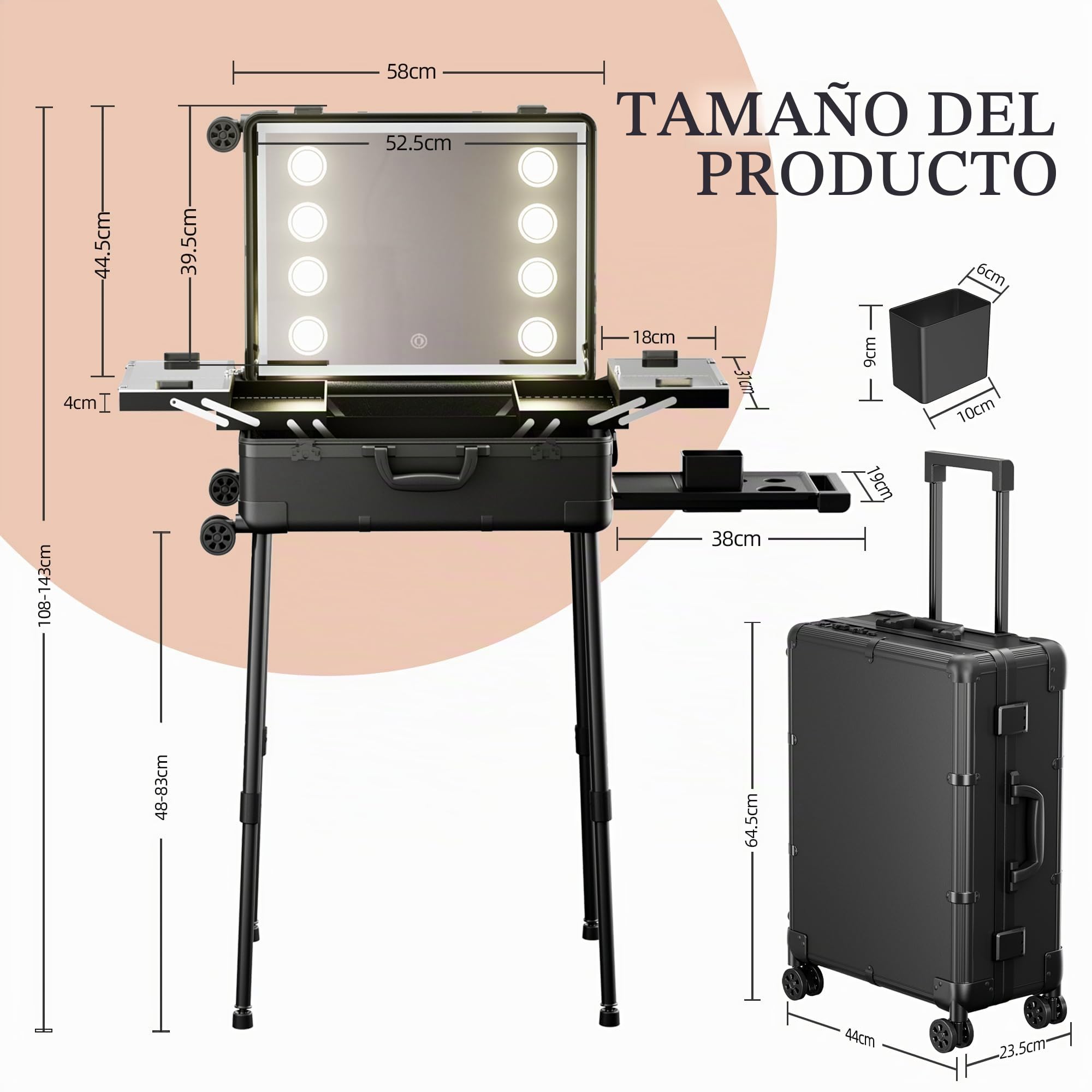 Estuche de Maquillaje con Ruedas de Aluminio, Espejo Grande con Iluminación LED, Organización de Cosméticos con Cerradura con Código, Estación de Maquillaje Plegable para Estudio y Viajes, Negro