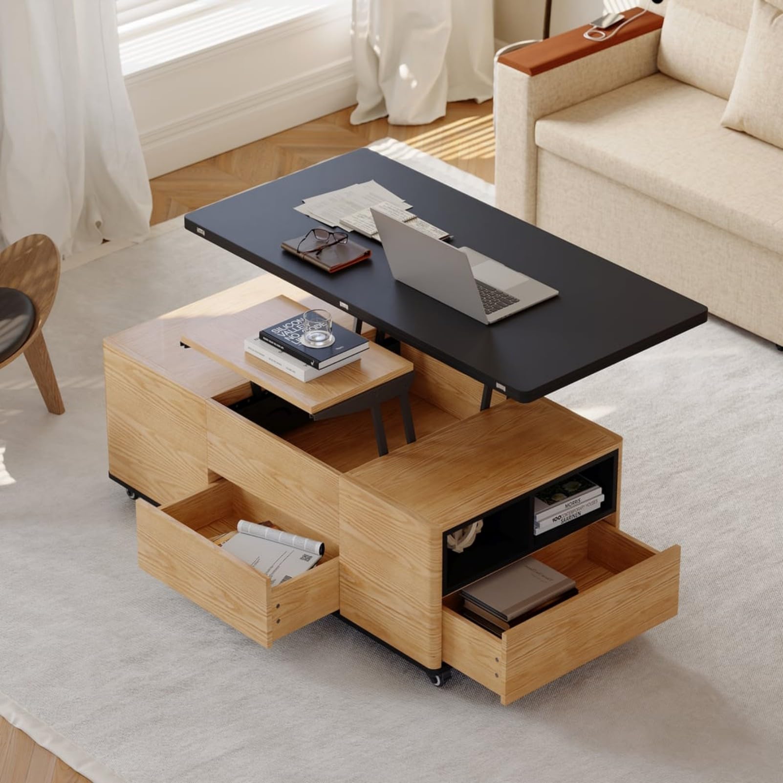 Homary Table Basse Relevable, Table Basse Salon Bois avec Rangement Caché, Mode Bureau Salle à Manger, Tournante Hydraulique, Meuble Convertible, Hauteur Réglable, Tabouret Non Inclus