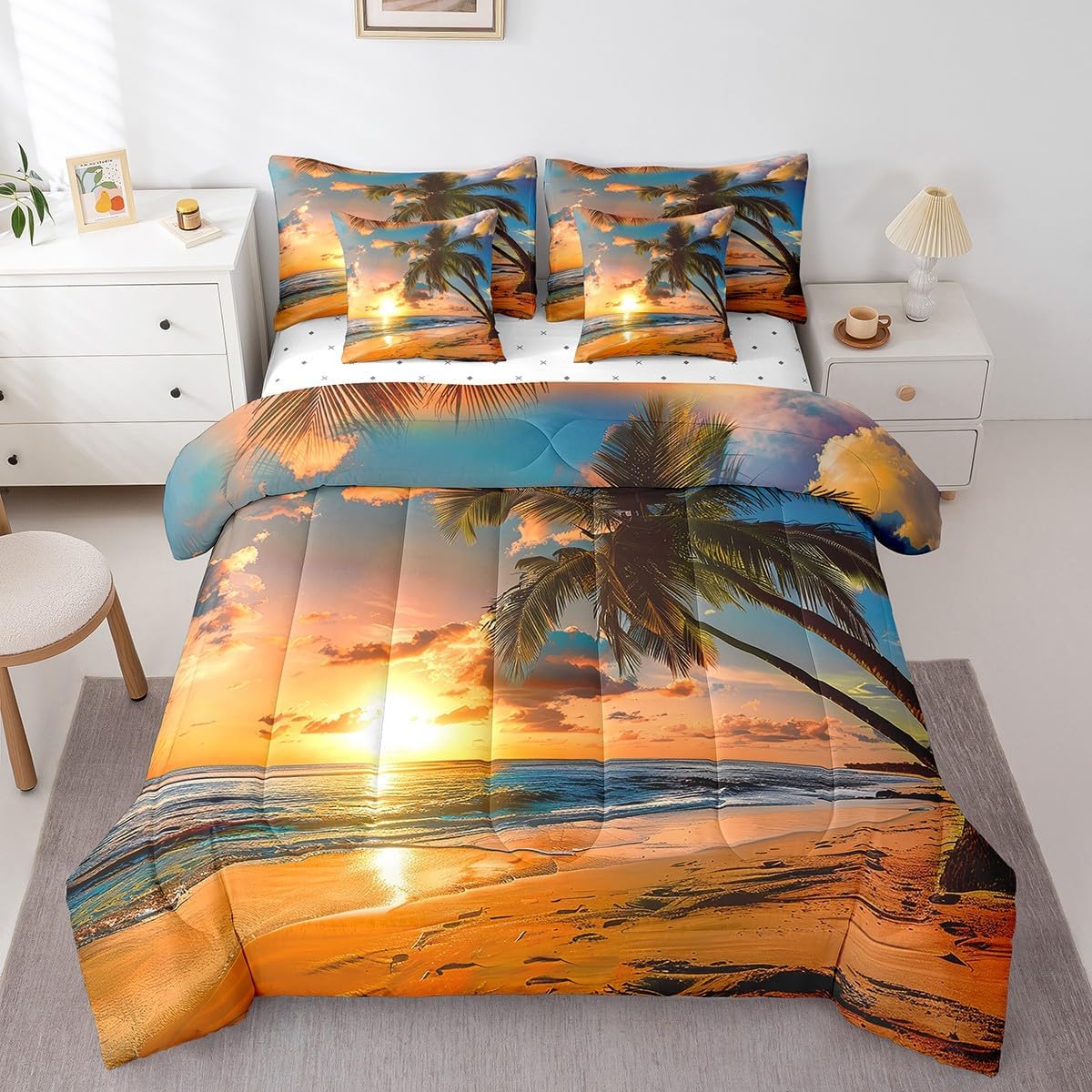 Feelyou Sea Sunset Bedding Set Set Palm Tree Bed in a Bag Summer Ocean Comforter Set Full Size 7 Pieces for Kids Boys Girls Teens Beach Bed Set with Comforter, Sheet Set, Pillowcases, Pillow Covers