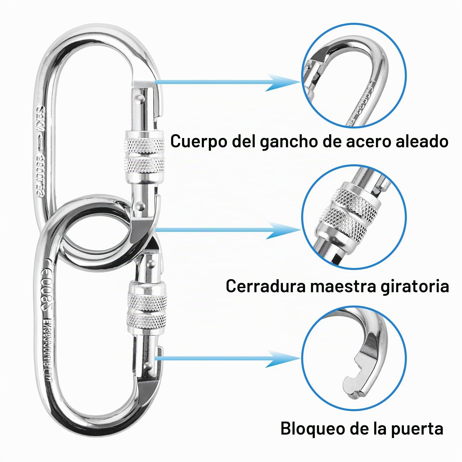 Mosquetón Grande de Aleación, 25KN (2500KG), 11cm Plateado, 3 Unidades - Carabiner para Hanging & Trekking, Mosquetones Grandes con Cierre de Rosca