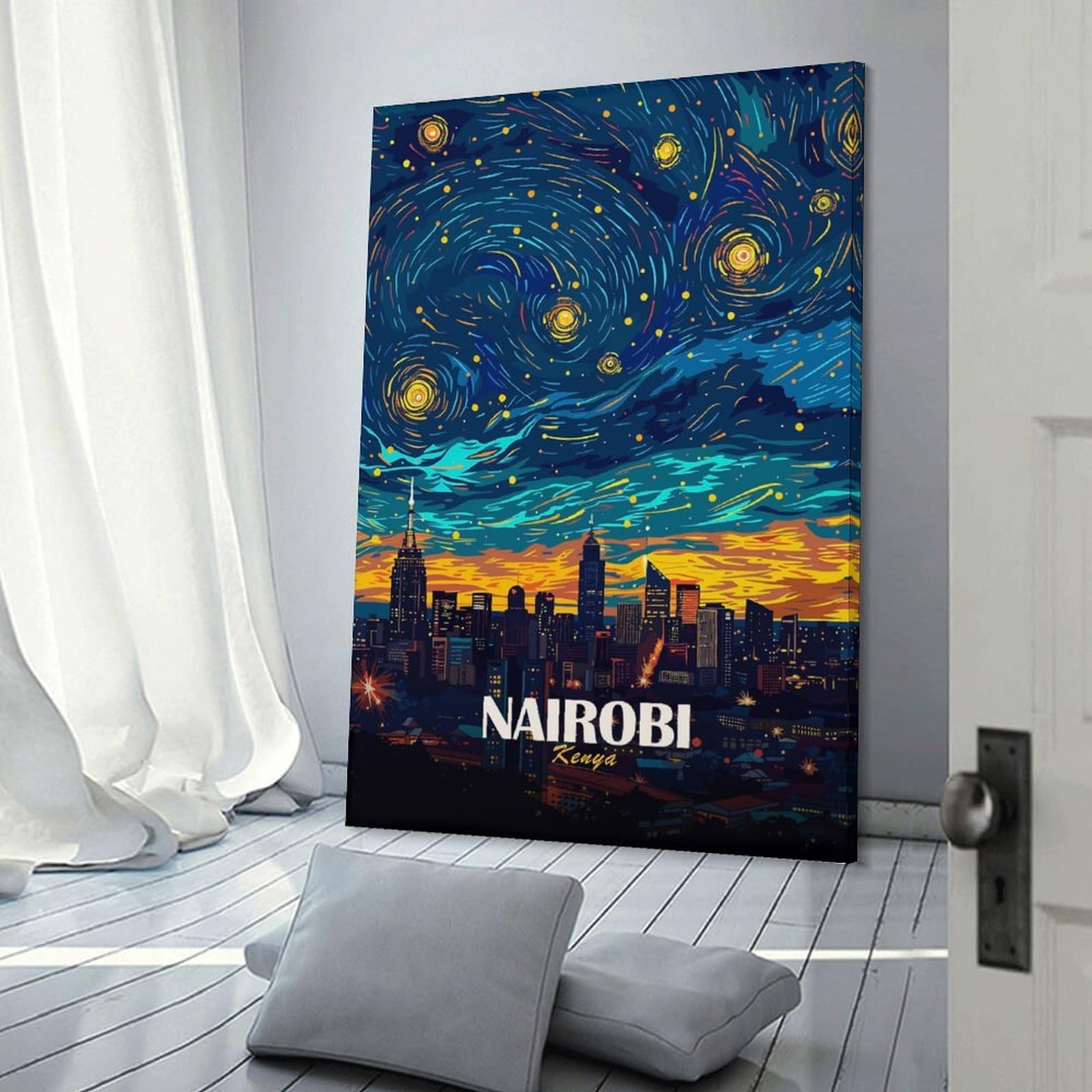 Junmoney Nairobi Kenya Starry Night Art Wall Art Print 16x24inch(40x60cm), for Hallway, Entryway Or Landing, A Neat Decor Update for Hallways, for Everyday Interiors