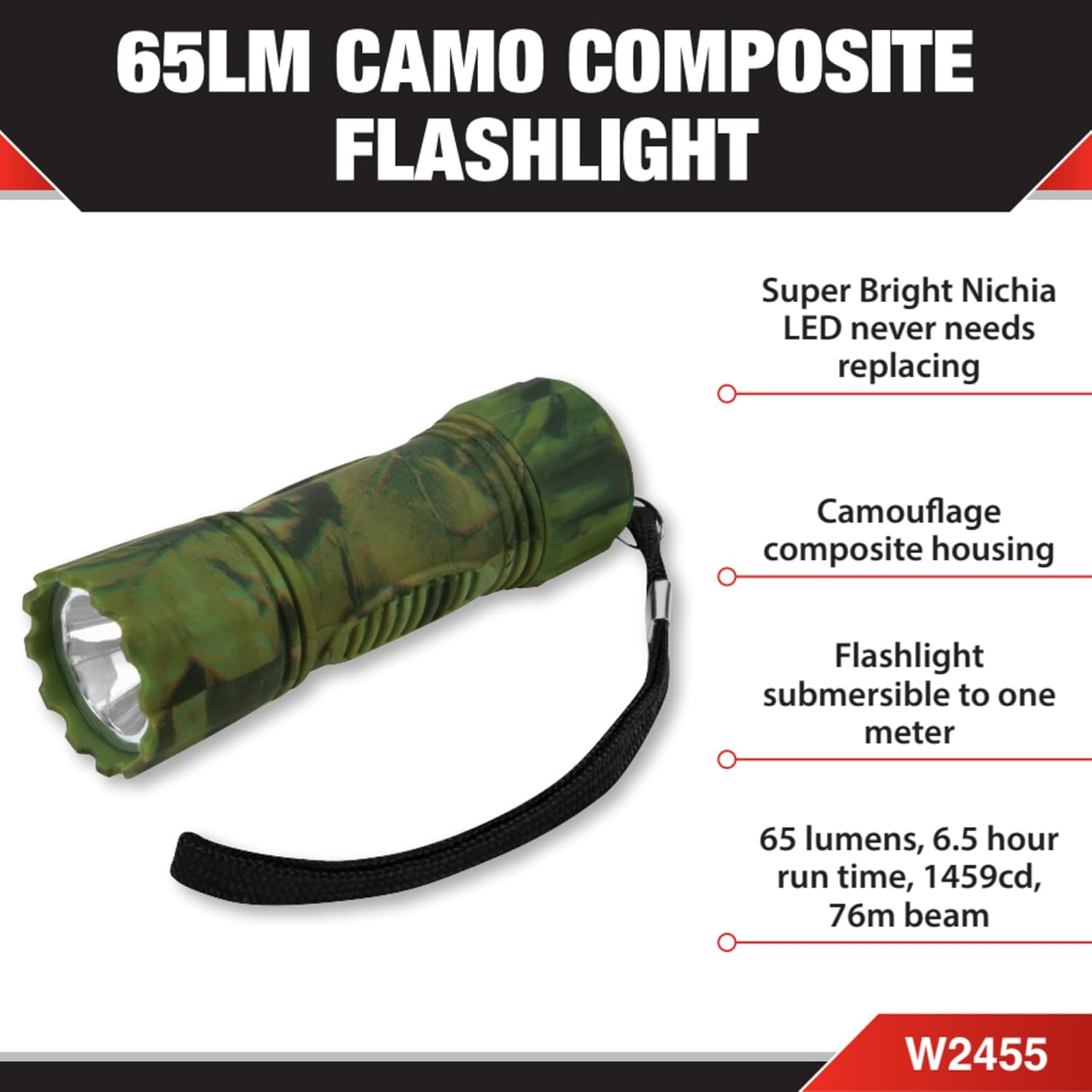 Performance Tool W2455 Storm 65lm Camo Composite Flashlight (Sold as 1 Flashlight)