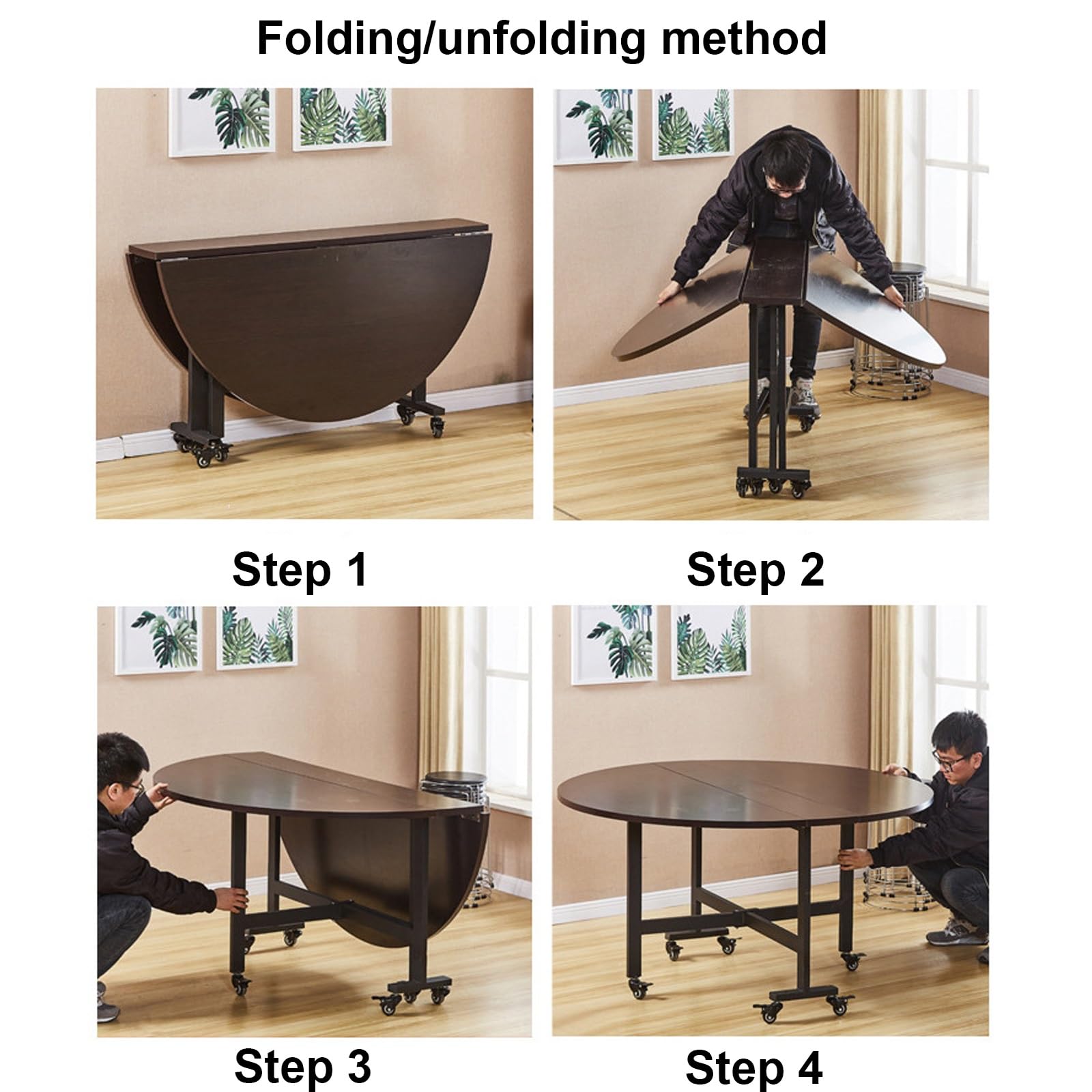 Faltbarer runder Esstisch mit Rollen, platzsparender 140 cm Tisch für Zuhause und Partys, einfache Montage, braune Oberfläche, modernes Design und bequeme Mobilität