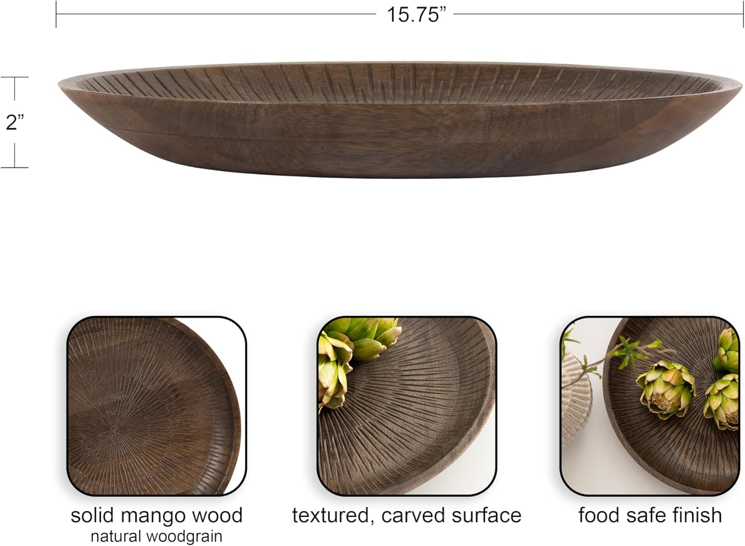 Kate and Laurel Zandros Modern Round Carved Wood Tray, 16 Inch Diameter, Brown, Food-Safe Serving Tray with Carved Pattern for Use as Ottoman Table Topper or Shallow Kitchen Fruit Bowl