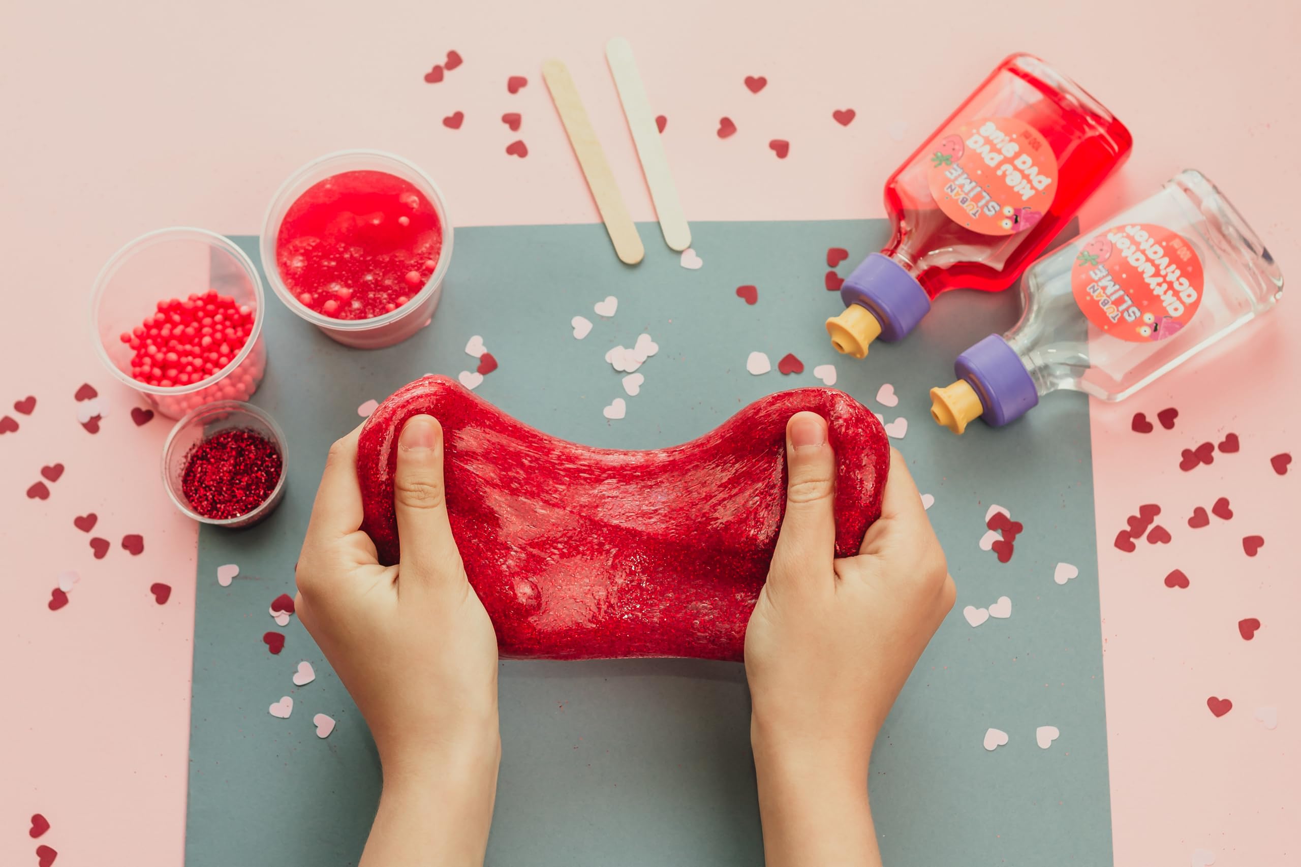 TUBAN DIY Zestaw Slime – Klej – Aktywator – Neonowy Brokat – Pojemnik – Szpatułka – Zabawka dla Dzieci – Idealny Prezent na Urodziny – Truskawka