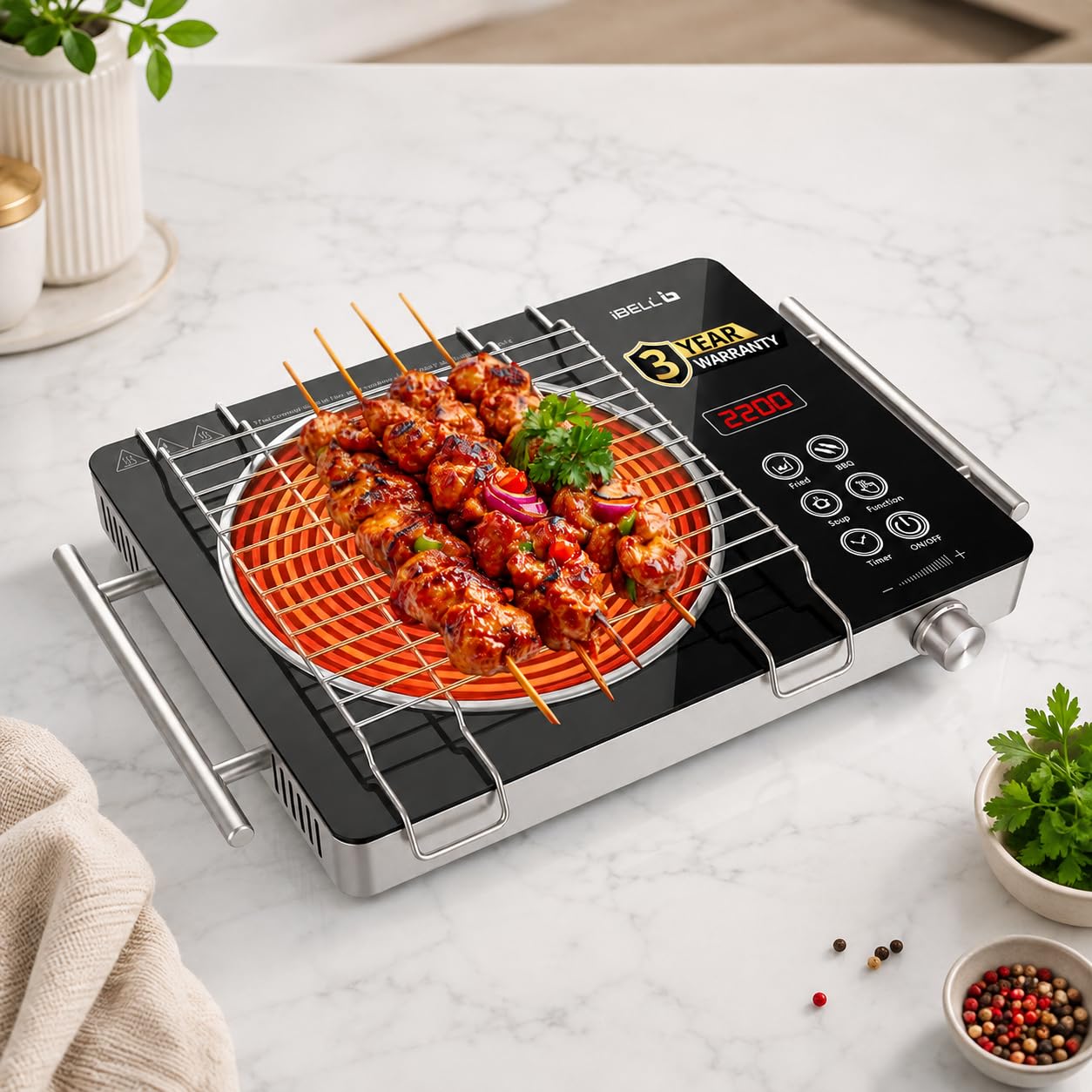 iBELL CROWN 22 Infrared Cooktop 2200W - 3-YEAR WARRANTY, Touch Control, Adjustable Temperature, High-Efficiency Heating, Compatible with Induction & Flat-Bottom Cookware, [Black]