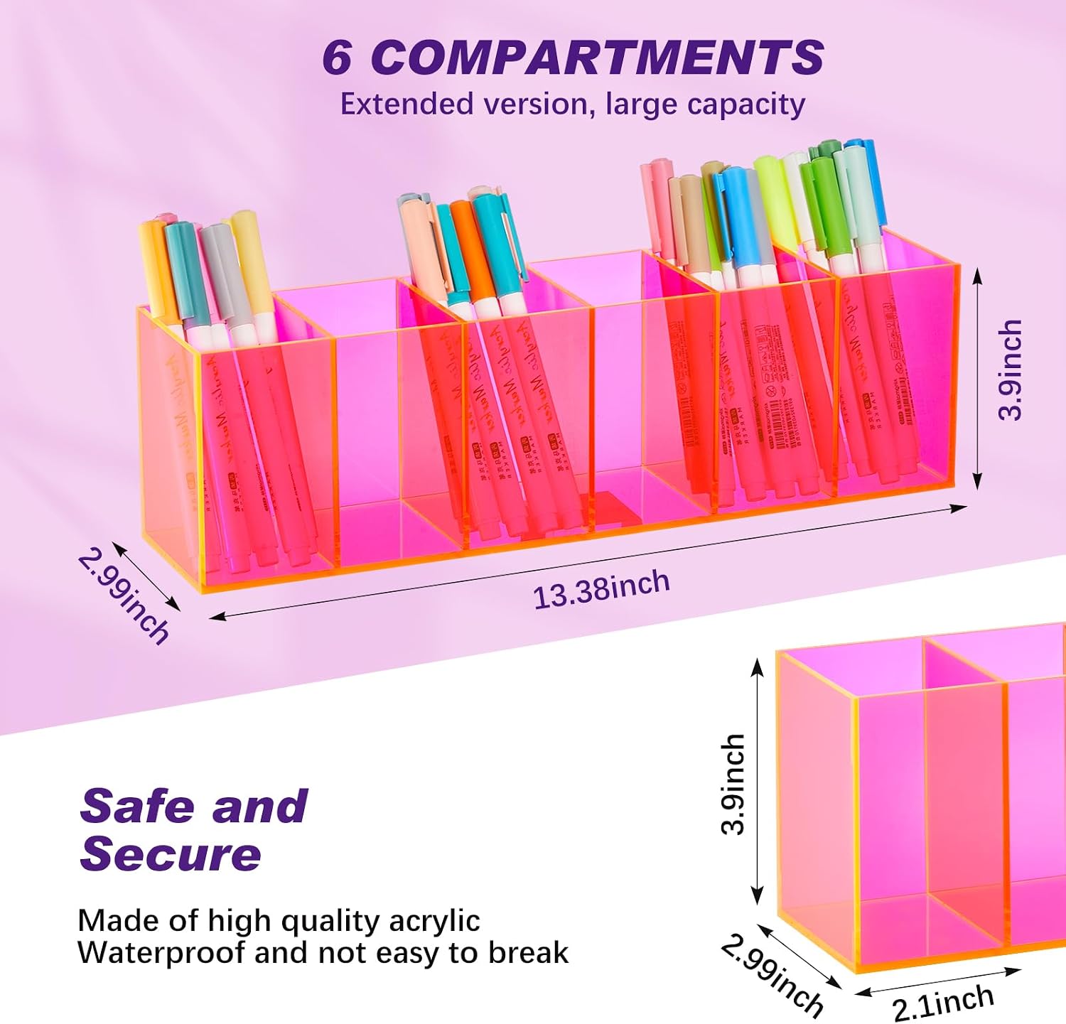 Juexica 2 Pack Acrylic Makeup Brush Holder 6 Compartments Pencil Organizer Cup Pencil Holder for Desk Pen Organizer Storage Box for Accessories Cosmetic Brushes Office Bathroom Kitchen Supply (Pink)