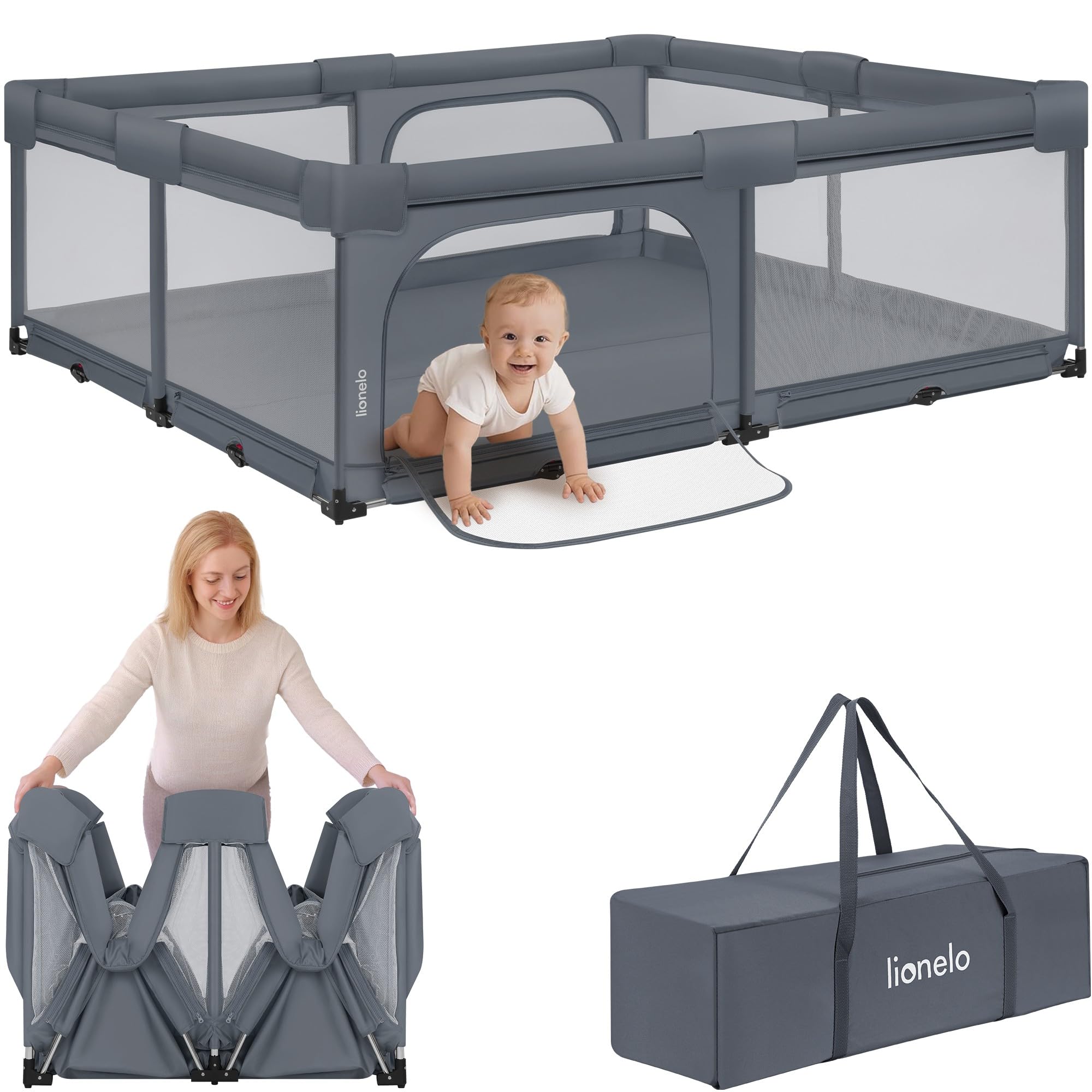 Lionelo Florence XL Easy Fold Laufstall Baby 180 x 200 cm, Faltbares Laufgitter Baby, Ohne Montage Nutzbar, 2 Seiteneingänge mit Reißverschluss, Atmungsaktives Netz, Weiche Kanten, Transporttasche