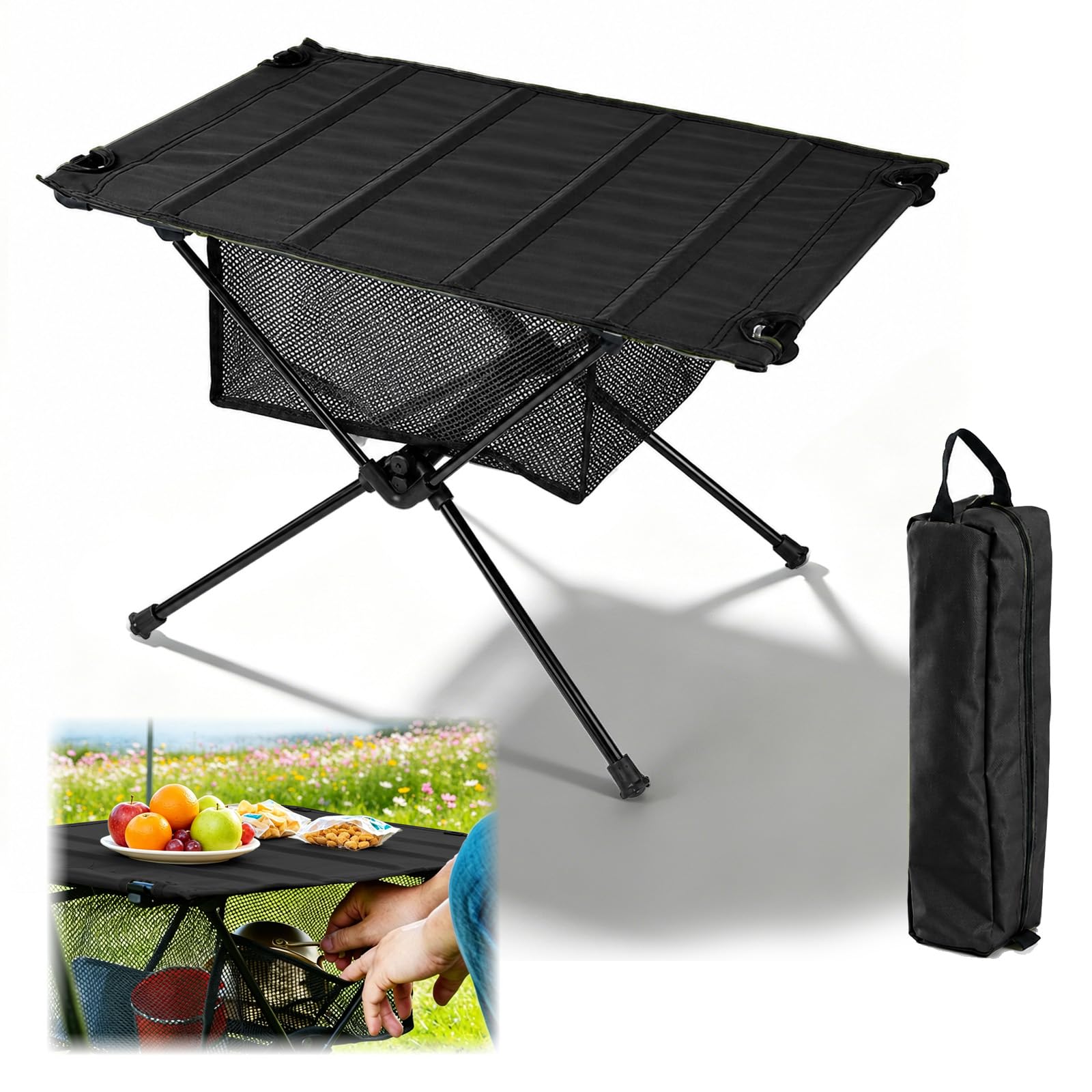 Tavolo da campeggio pieghevole, ultraleggero, con borsa per il trasporto, piccolo tavolo da esterno per campeggio, pesca, picnic e giardino, 60 x 40 x 39,5 cm