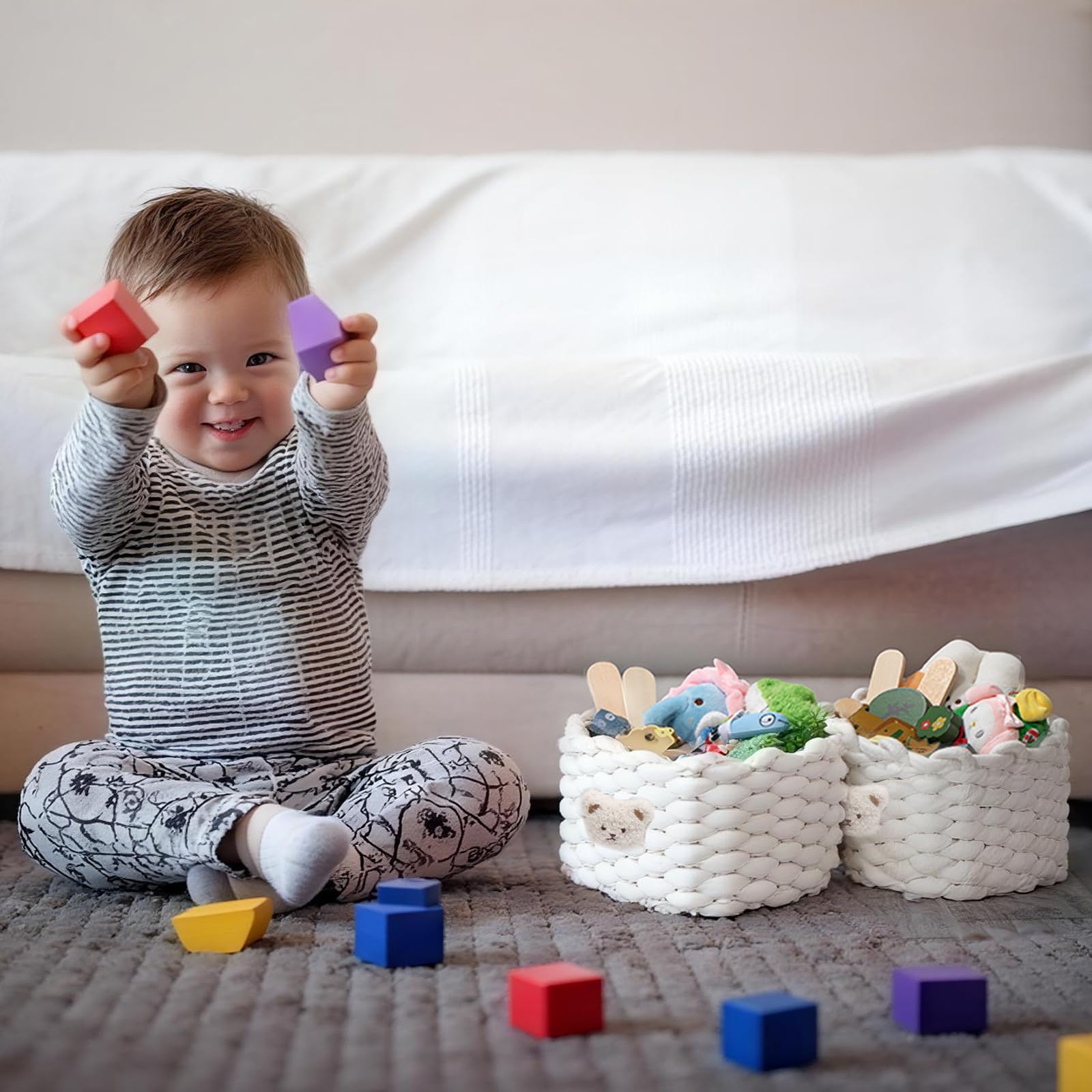 2 Pièces Paniers de Rangement en Corde de Coton, Panier de Rangement à Langer Empilables, Petit Panier Tressé Carré Organisateur Bébé, pour Chambre de Bébé Bain Salon, Blanc