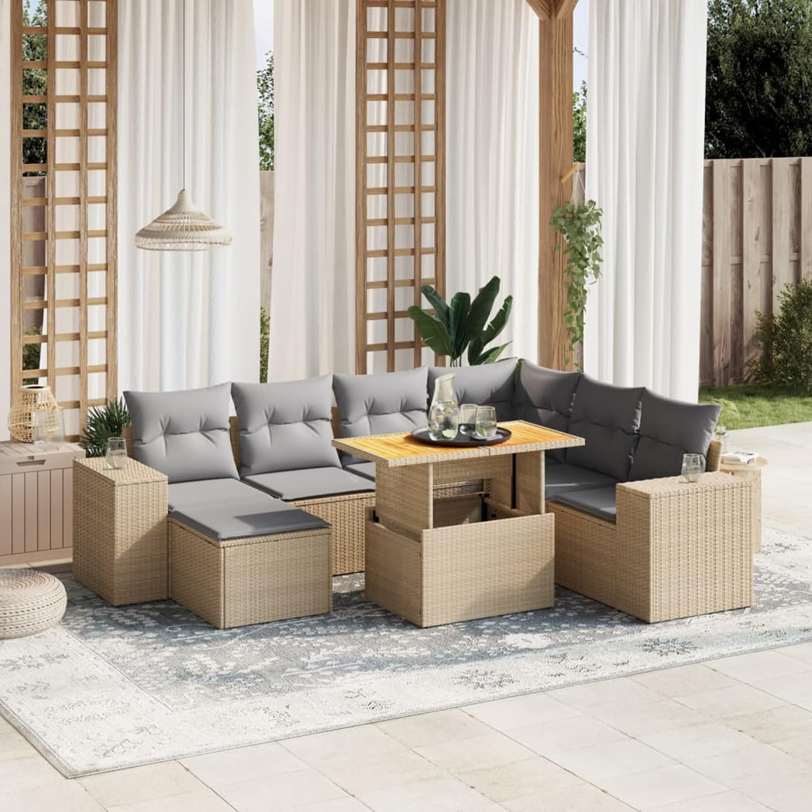 Lechnical Set Divano da Giardino 8 pz con Cuscini Beige in Polyrattan,Set di Conversazione per Patio,Set Salotto da Esterno,Set Divano da Giardino Esterno-3275943
