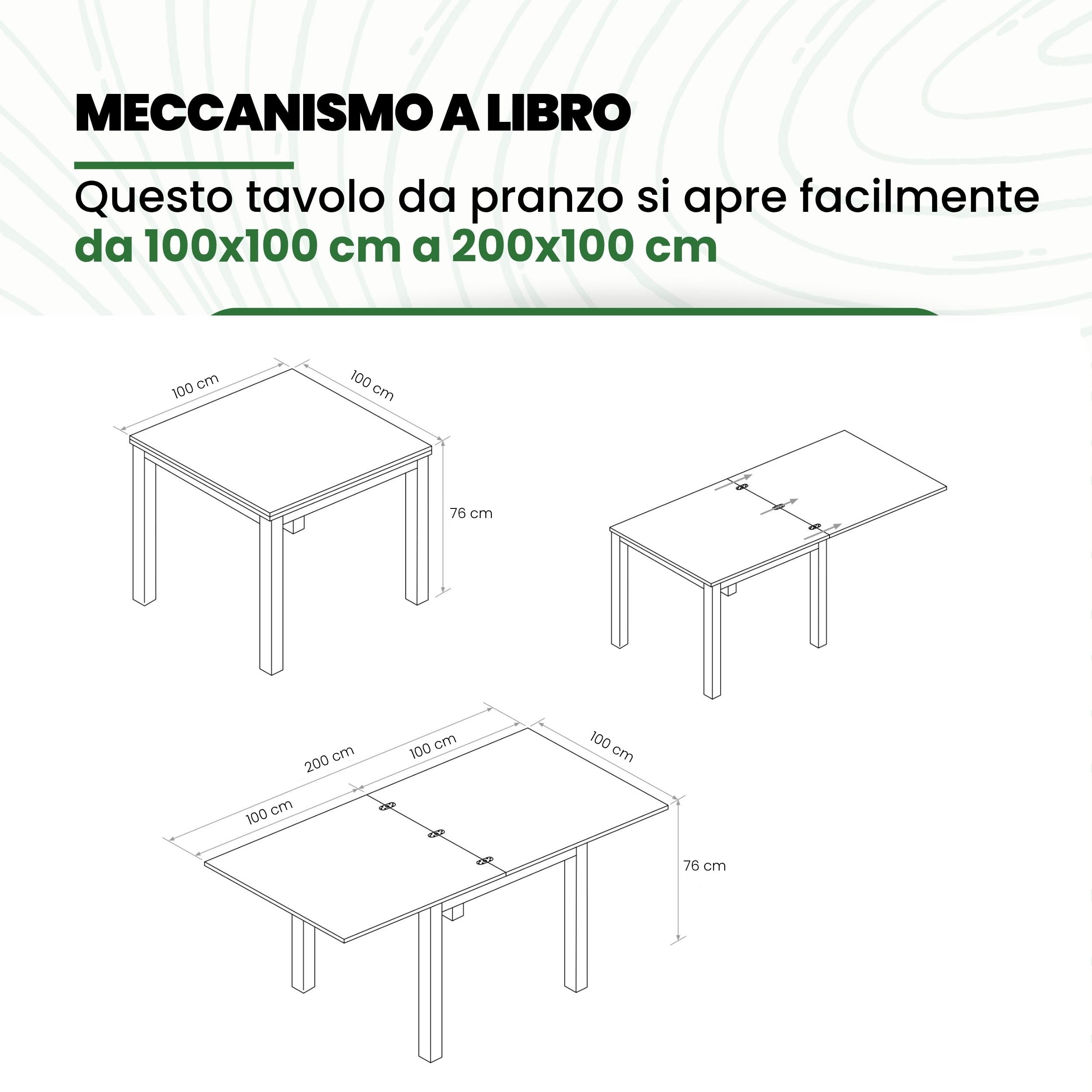 Mar.c.a. Design - Tavolo da Pranzo Quadrato 100x100x76 cm - Apertura a Libro Fino a 200 cm con Piano Piano in Legno Nobilitato - Bianco Frassinato - Made in Italy