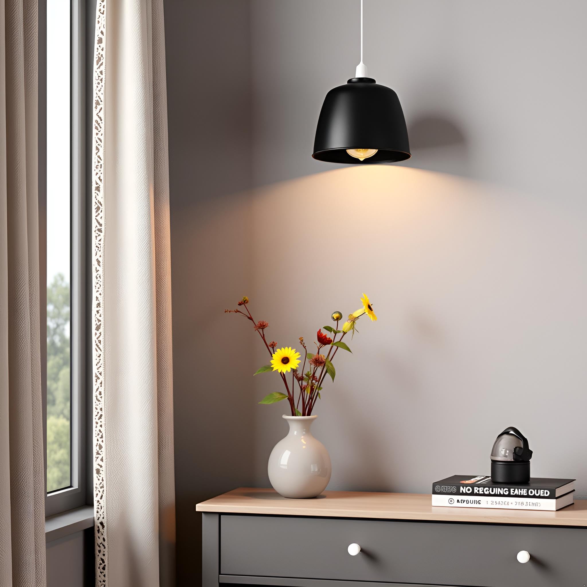18cm Black Metal Dome Lampshade, Ceiling Fixture with Grey Herringbone Pendant Light - Image 2