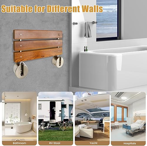 Miniatura 7 de Asiento de ducha plegable de teca de 20 pulgadas montado en la pared, banco de ducha plegable para espacio de ducha pequeño, taburete de madera de