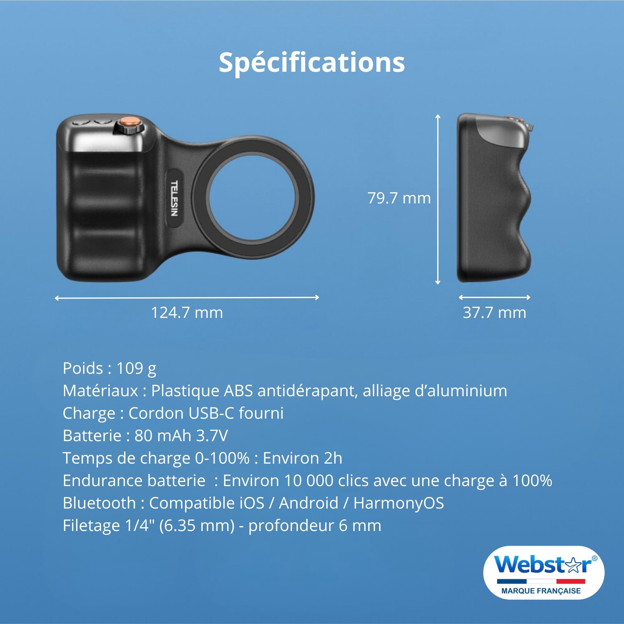 Webstar Tech® Poignée magnétique Bluetooth Smartphone | Support Vlog & Selfies | Grip stabilisateur avec télécommande détachable | Photos et vidéos avec Une Seule Main | Iphone & Android