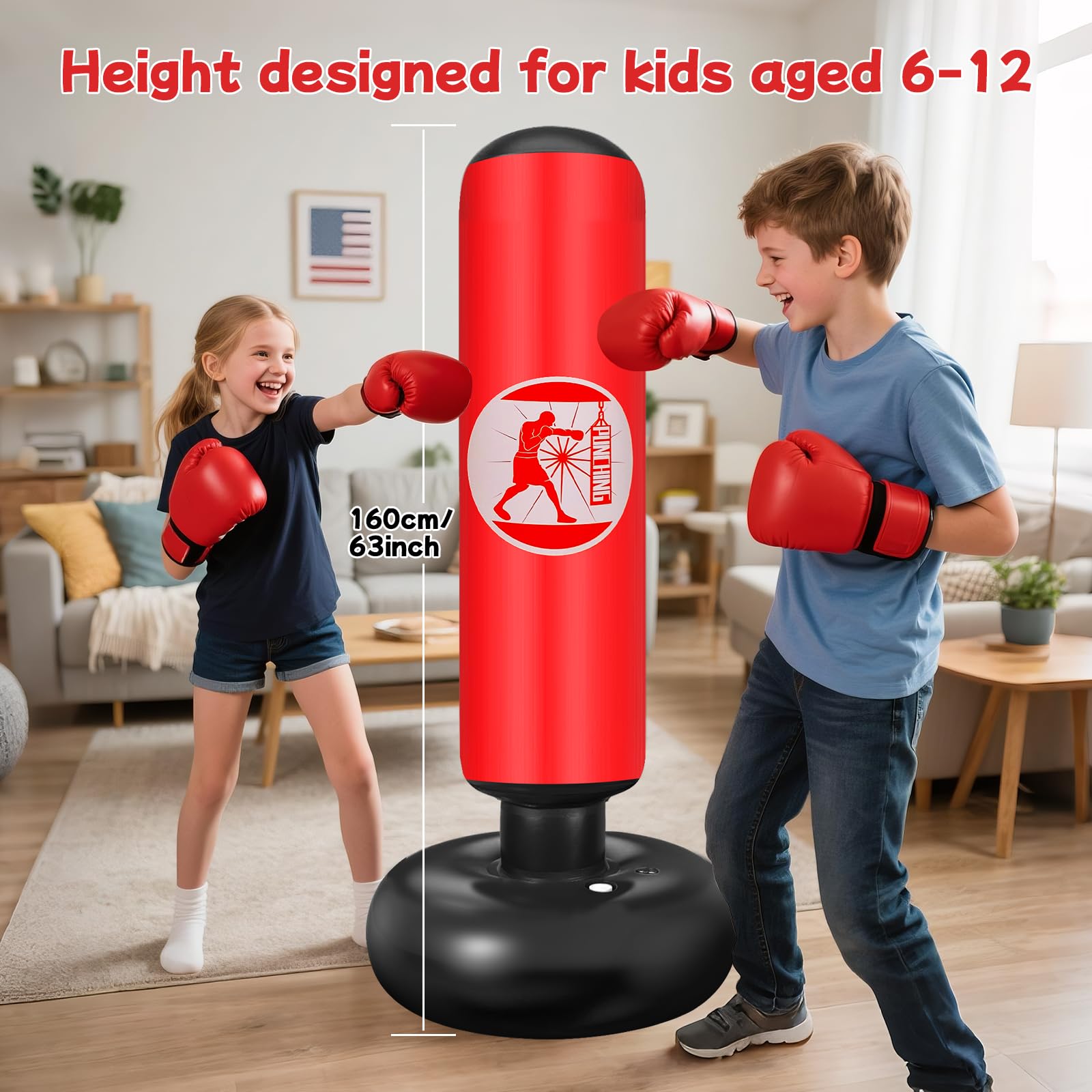 Ninonly Saco de Boxeo Niños, 160cm Saco de Boxeo Hinchable con Guantes y Bomba, Punching Ball 3 a 12 Años Regalos para Niños y Niñas, Bolsa de Box para Practicar MMA Karate Taekwondo