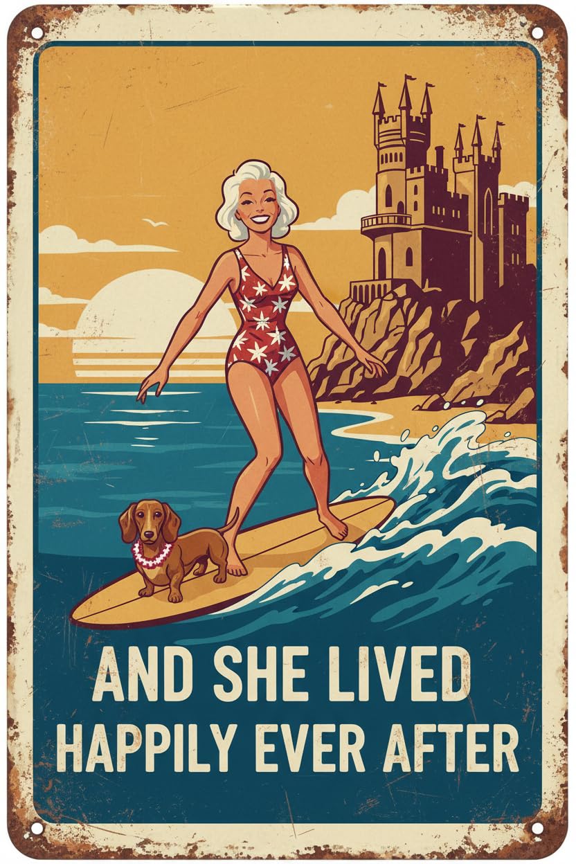 Vintage Dog Sign And She Lived Happily Ever After Metal Tin Sign for Bar Man Cave Home Bedroom Office Kitchen 8x12inch
